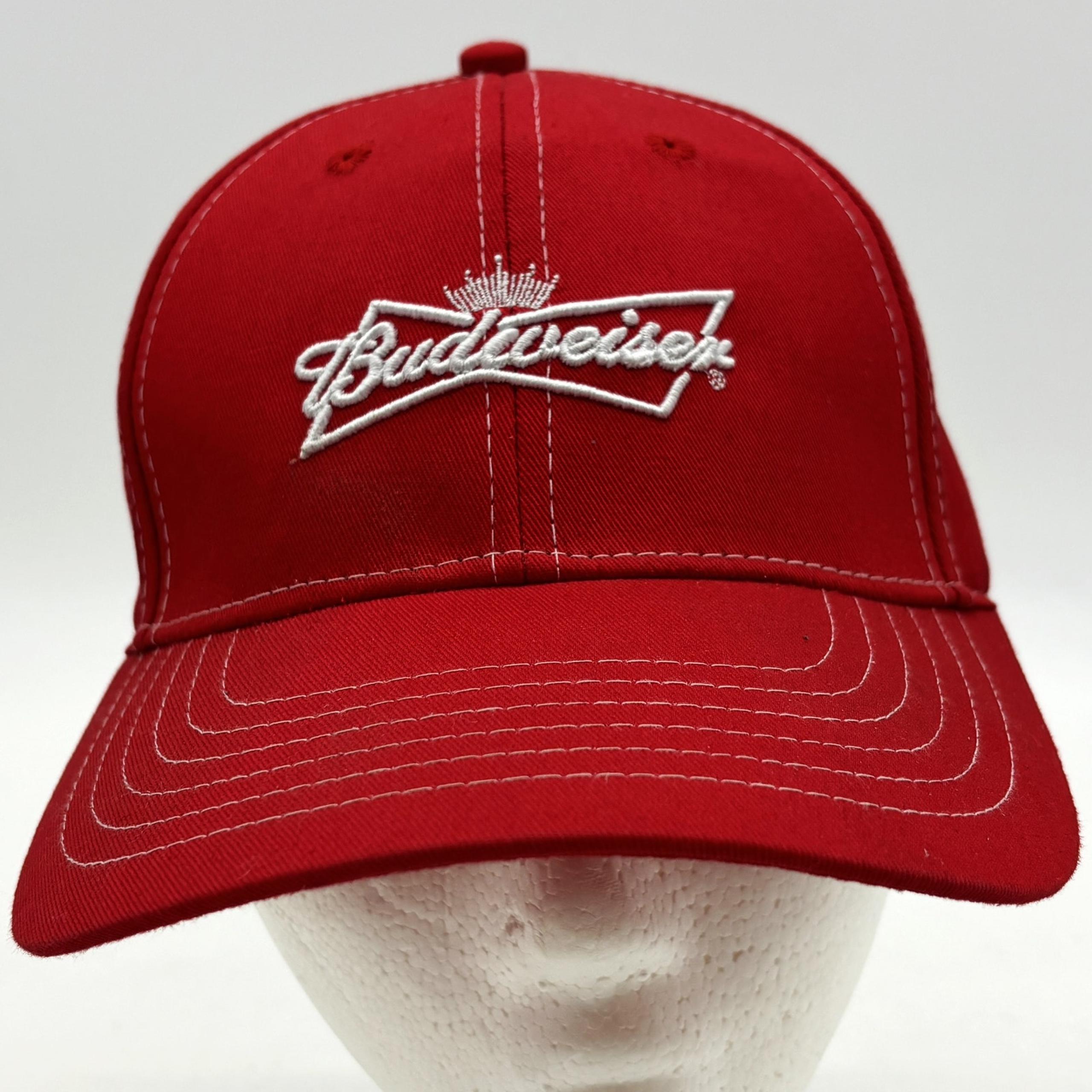 Vtg Budweiser Baseball Cap Mens OSFA Red Strapback Embroidered Logo Beer Hat