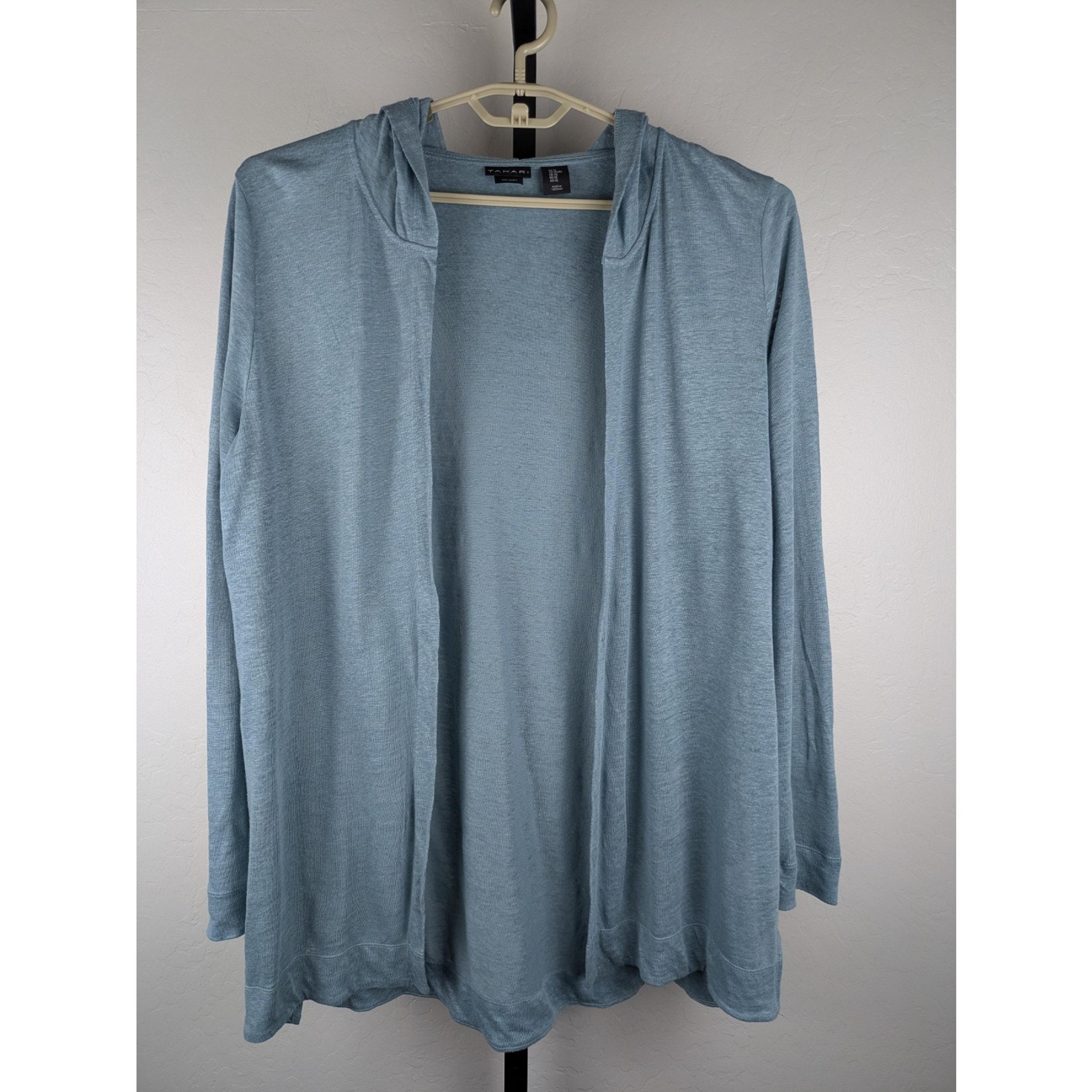 Tahari size XL 100% Linen Knit Hooded Long Length Cardigan Sweater blue green