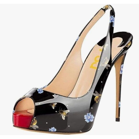 FSJ Black Bee Peep Toe Extreme High Heels Platform Sandals Slingback Pumps