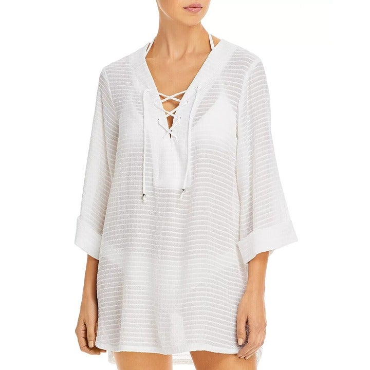 J. Valdi Lace Up Shirt Swim Cover Up Sheer Striped 3/4 Sleeve White S