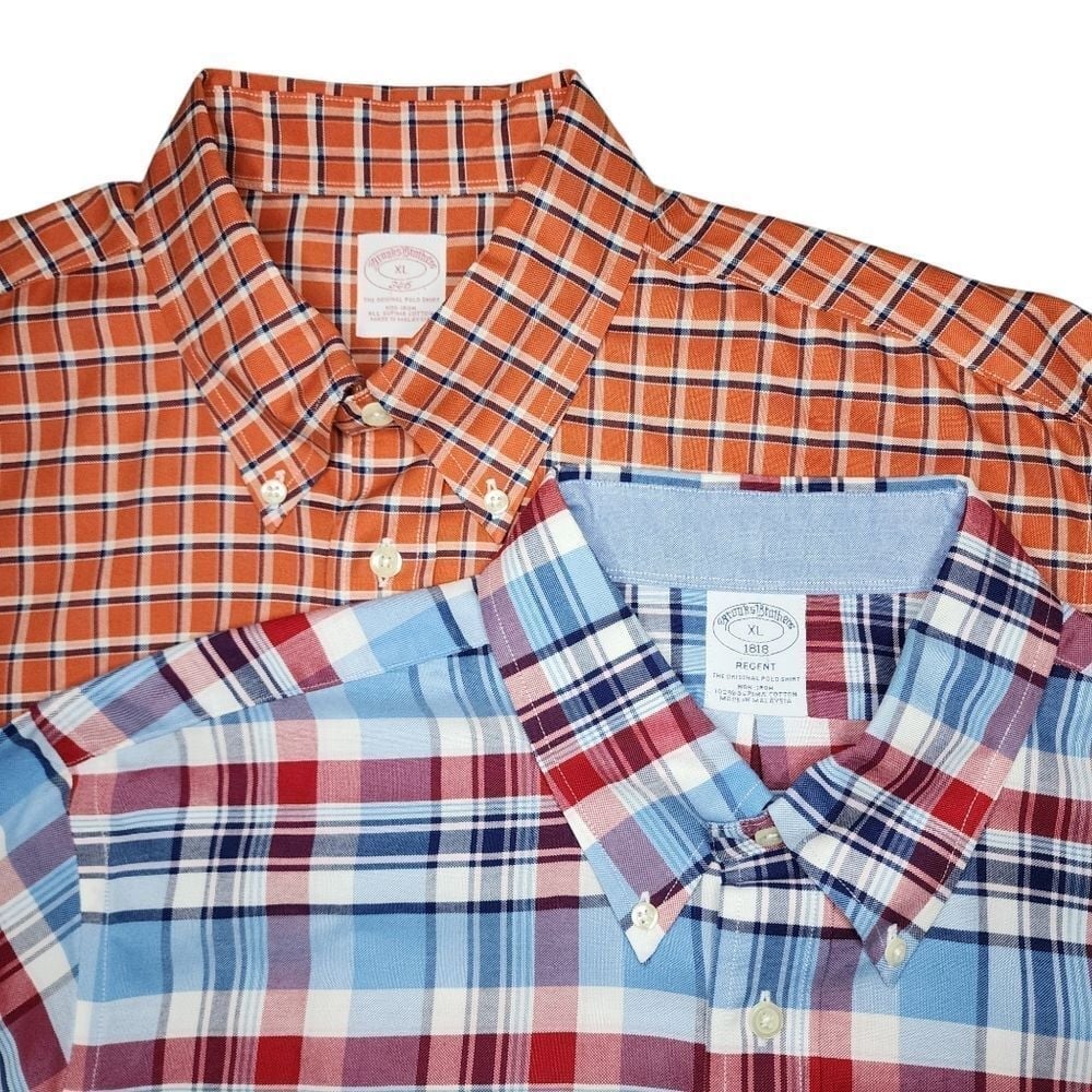 Lot of 2 Brooks Brothers Mens XL Orange Plaid 346 / Red & Blue Regent Button Up