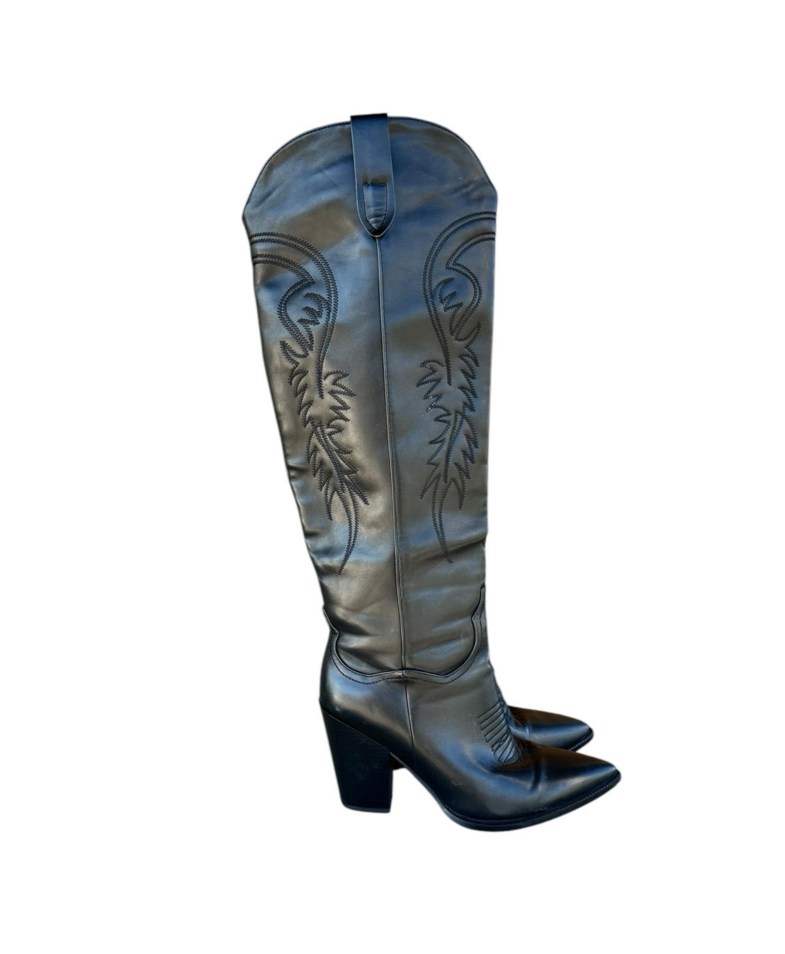 Boutique 10 Black Faux Leather Knee High Cowboy Boots Cowgirl Western Festival