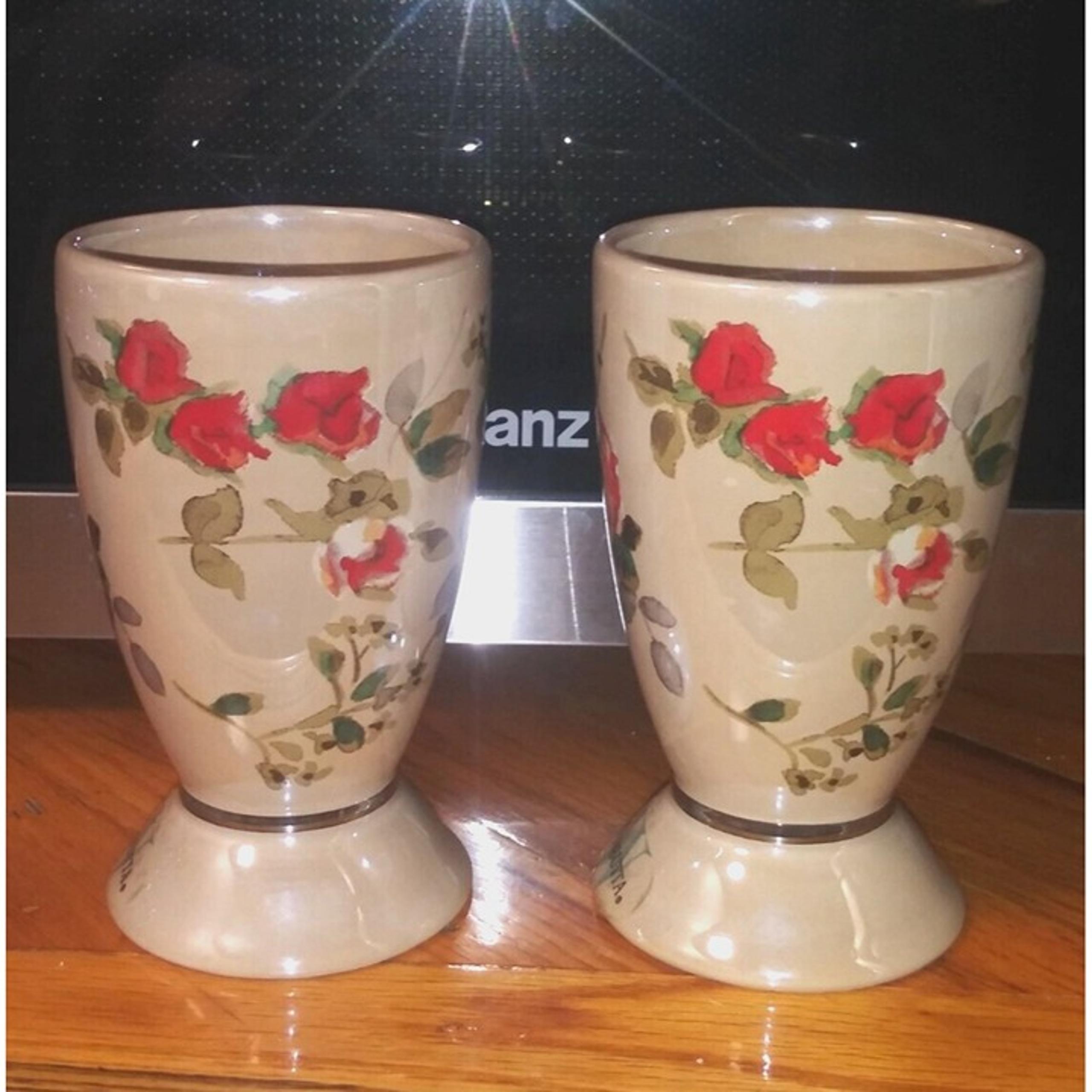2 VTG Lenox Wamsutta Springs Tumblers Bathroom Floral glazed Ceramic taupe beige