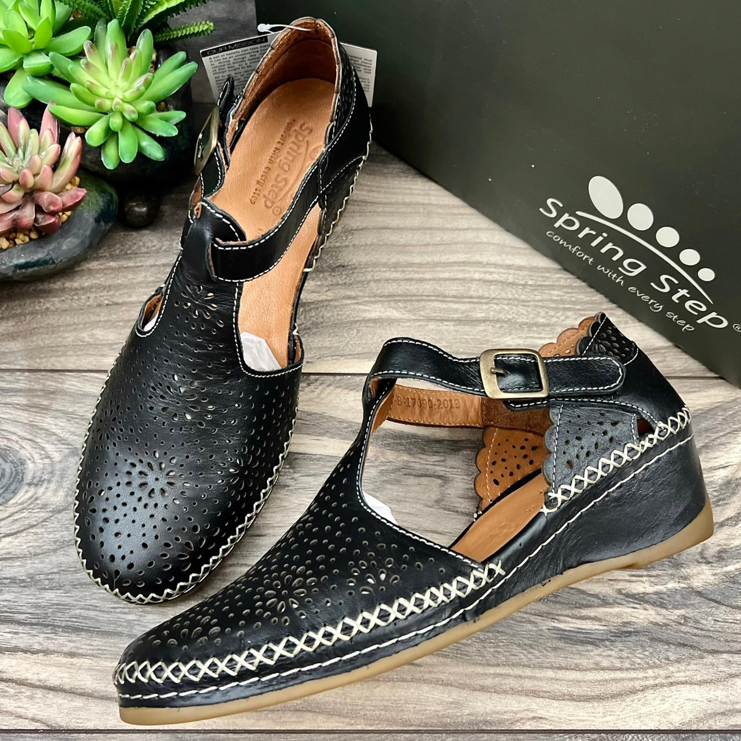 Spring Step EU 49 US 9 Roxela Black Leather T Strap Mary Jane Sandals Shoes