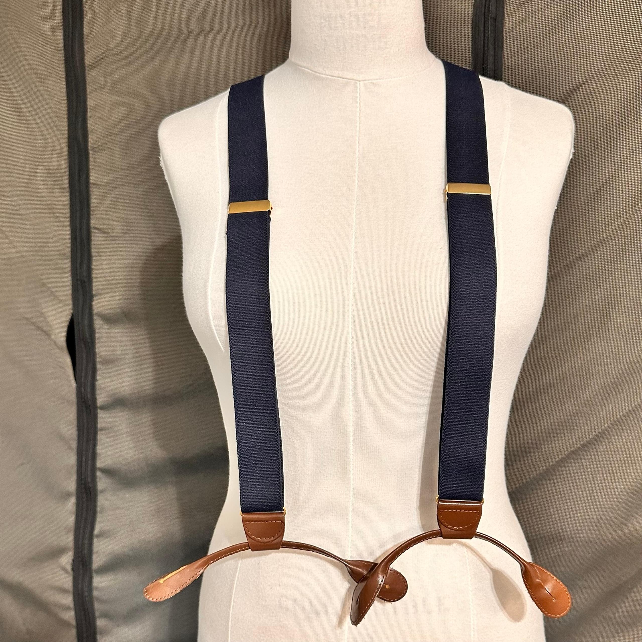 Pelican Men's Suspenders Navy Blue Leather Button Hole Accessories Adjustable