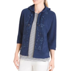NWT-CHICO'S ZENERGY Embroidered Indigo Full Zip Hoodie French Terry Jacket 2P=LP