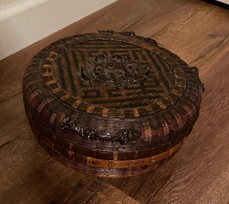 Antique Vintage Chinese Sewing Basket Round Lidded Boho Wicker