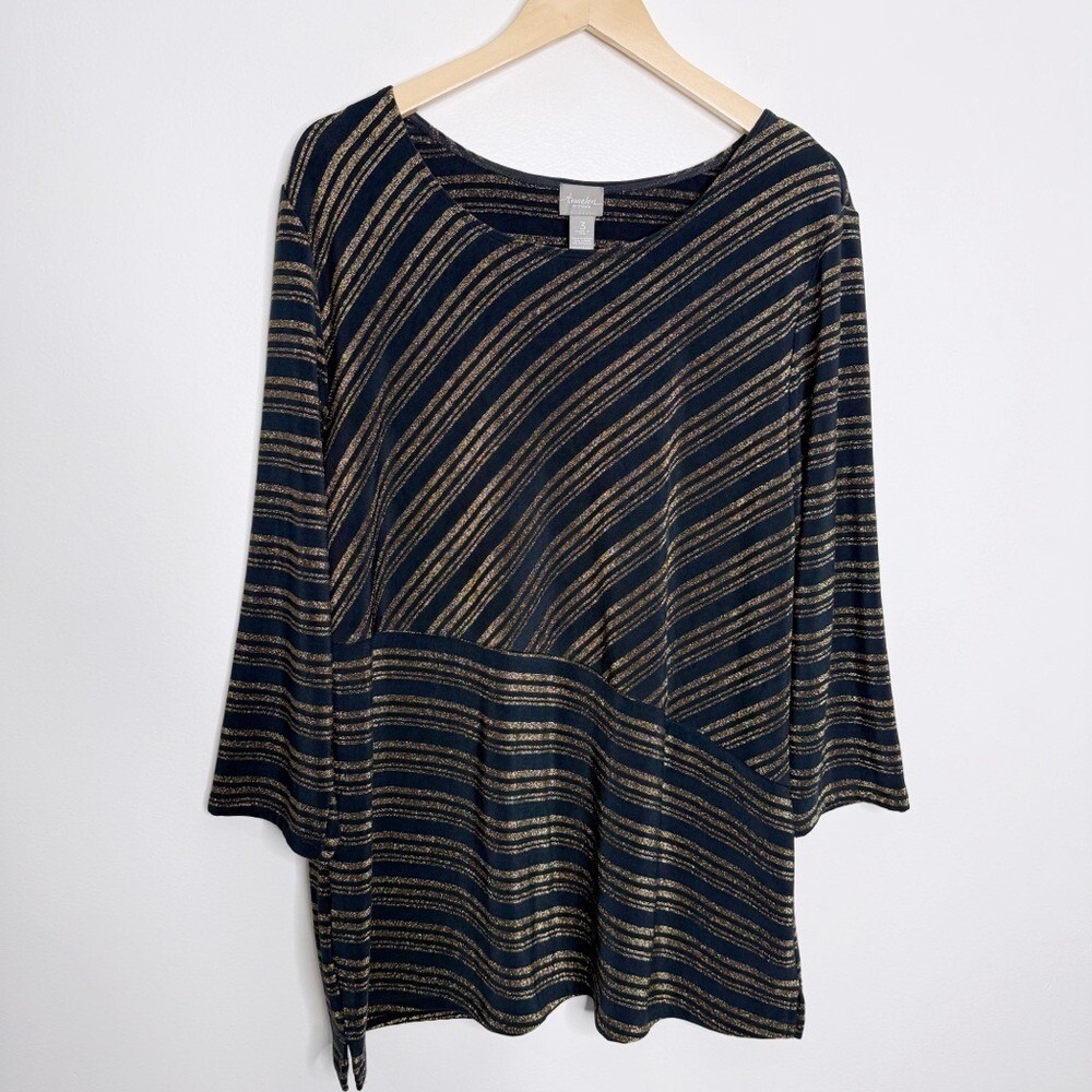 Chico's Traveler's Knit Tunic Top Long Sleeve Black Gold Shimmer Size XL Chico 3