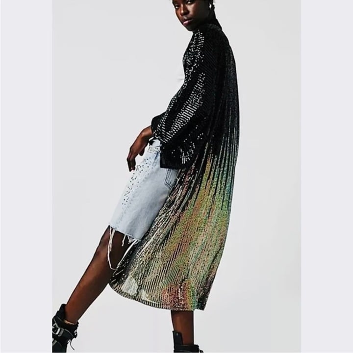 New Free People Party On Sequin Kimono Midi Jacket Sparkle Cardi Black Silver OS