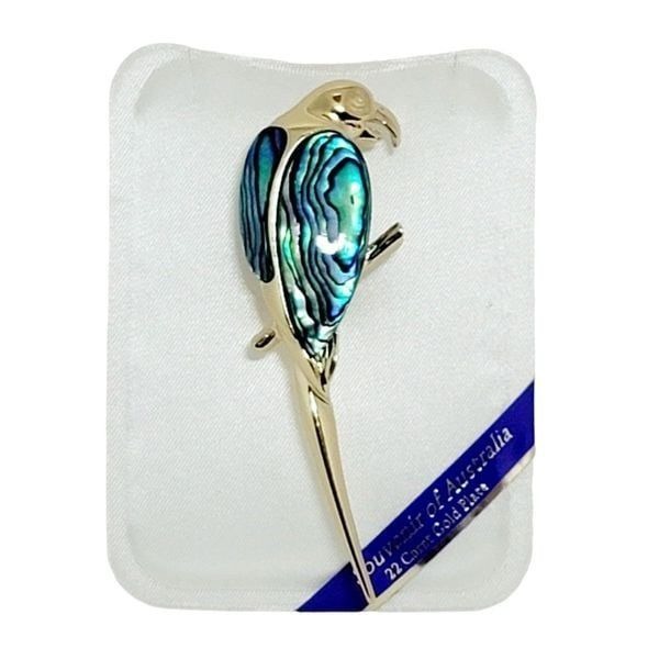 Australian Paua Shell Blue Abalone 22K Gold Plated Parrot Bird Brooch Pin