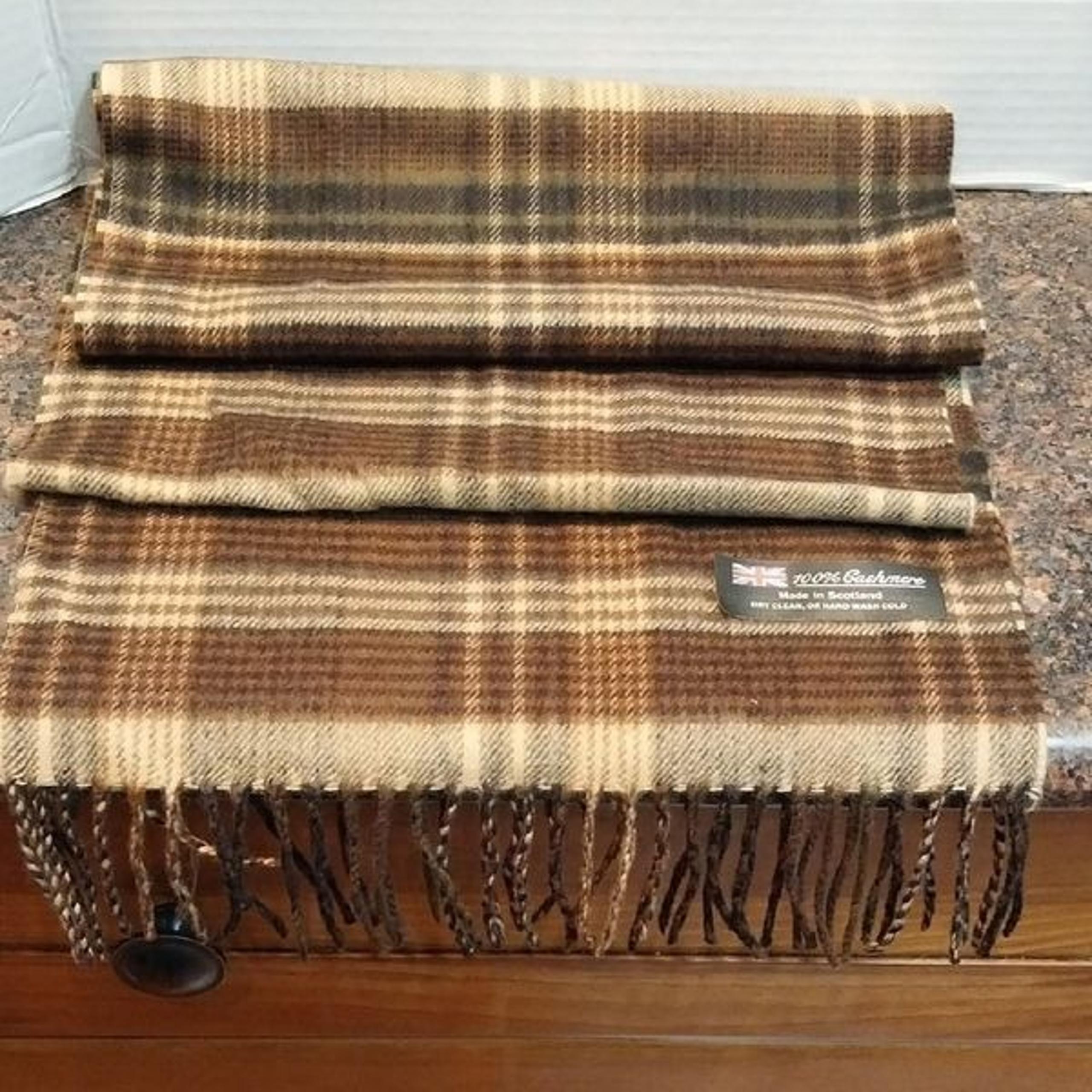 UNISEX   Cashmere "Heritage of Scotland" Brown and Tan Plaid Scarf with Fringe..