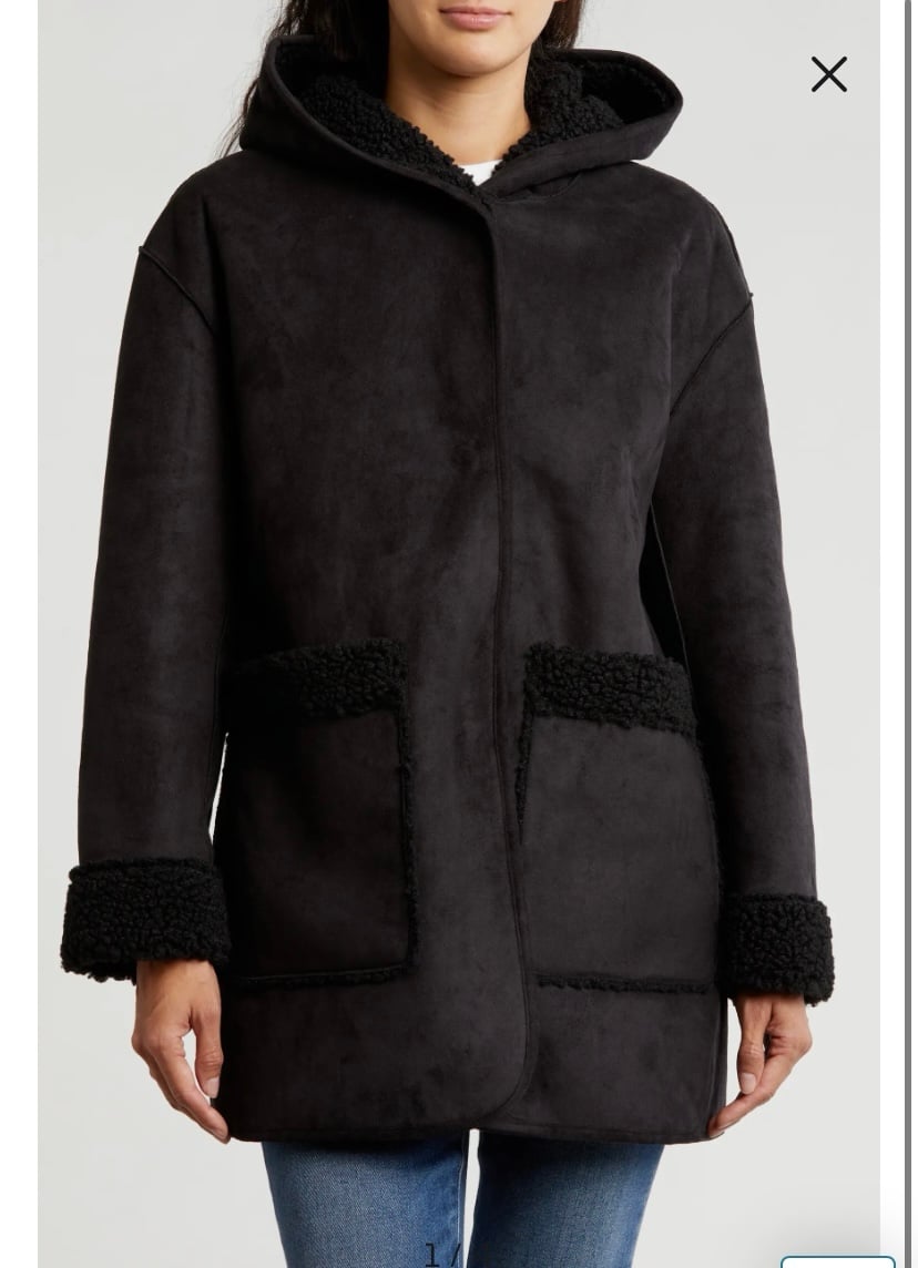 Lucky Brand Faux Shearling Lined Hooded Coat Black Small NWT