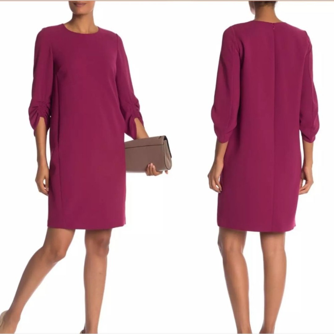 Lafayette 148 New York Tory Shift Dress Wool Burgundy Gathered Sleeve Women's 10