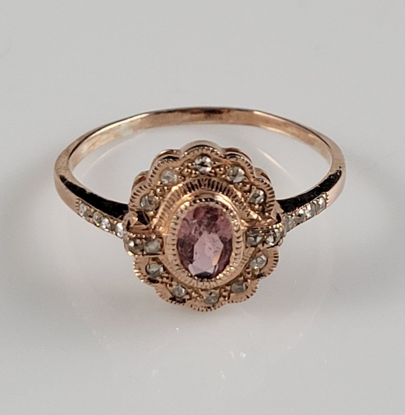 Art Deco Pink Tourmaline & Rose Cut Diamond Vermeil Ring