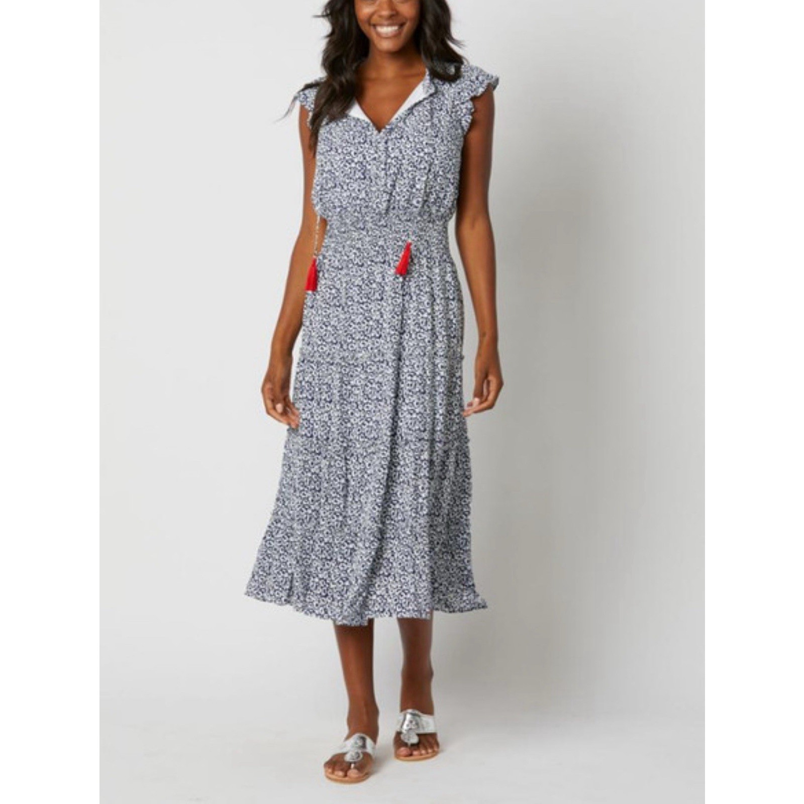 Sail To Sable Flutter Sleeve Midi Dress Animal Print Tassels XL