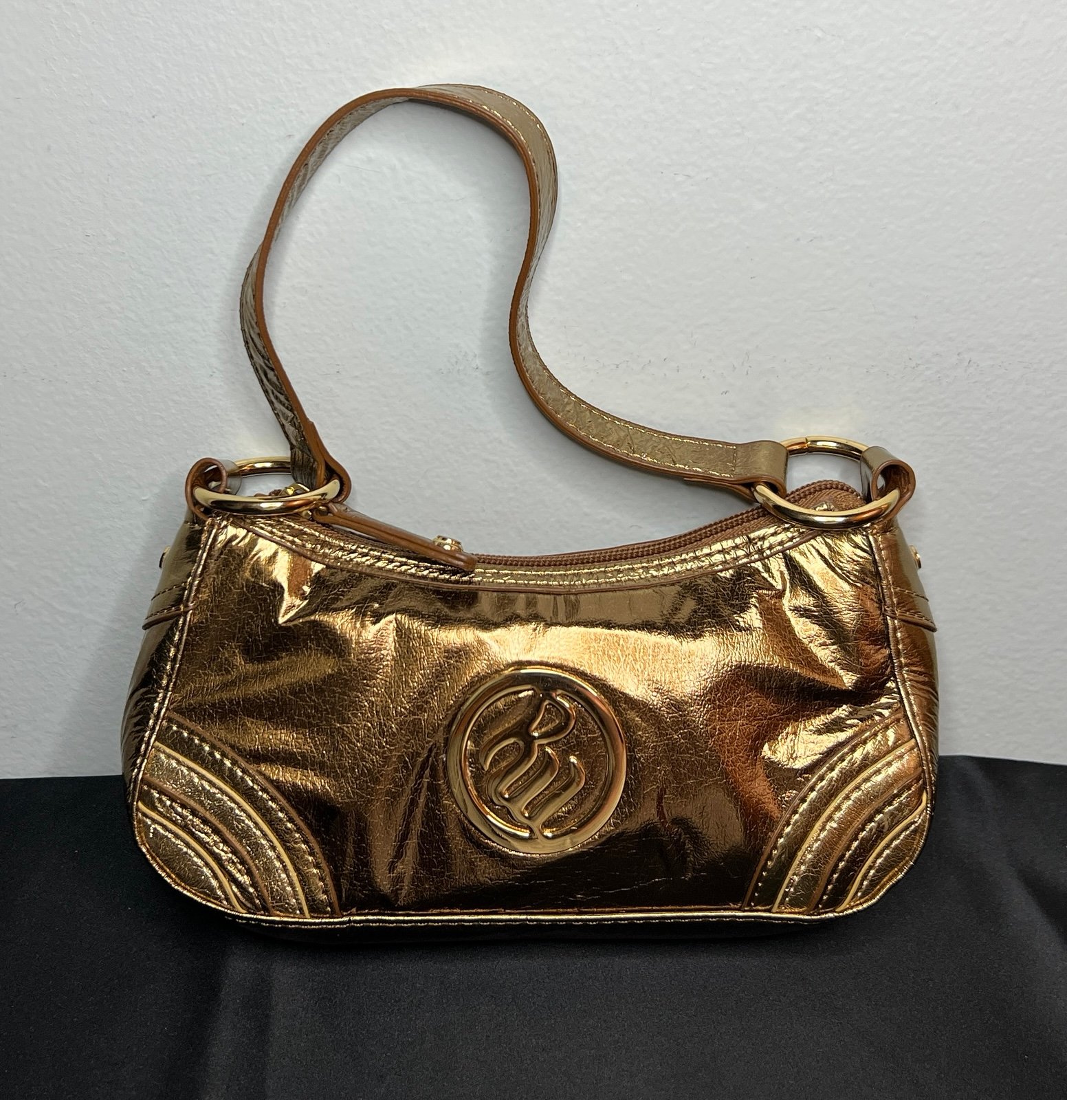 RocaWear Small Gold Purse Shoulder Bag Logo Top Zip 8”x5.5” Classic Shiny Y2K