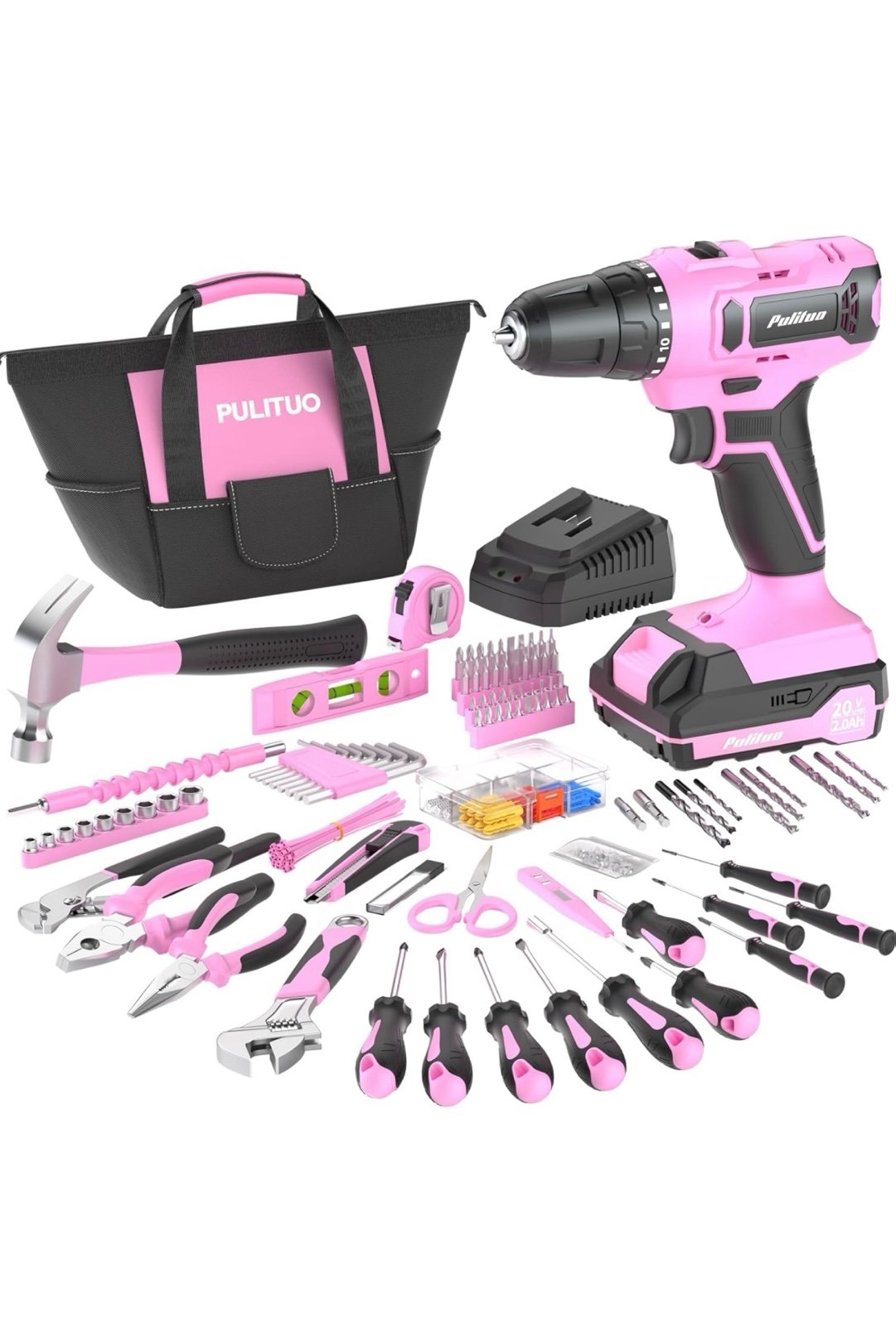 20V Cordless Pink Drill Tool Kit Set Power Drill Tool Box with Battery Electric