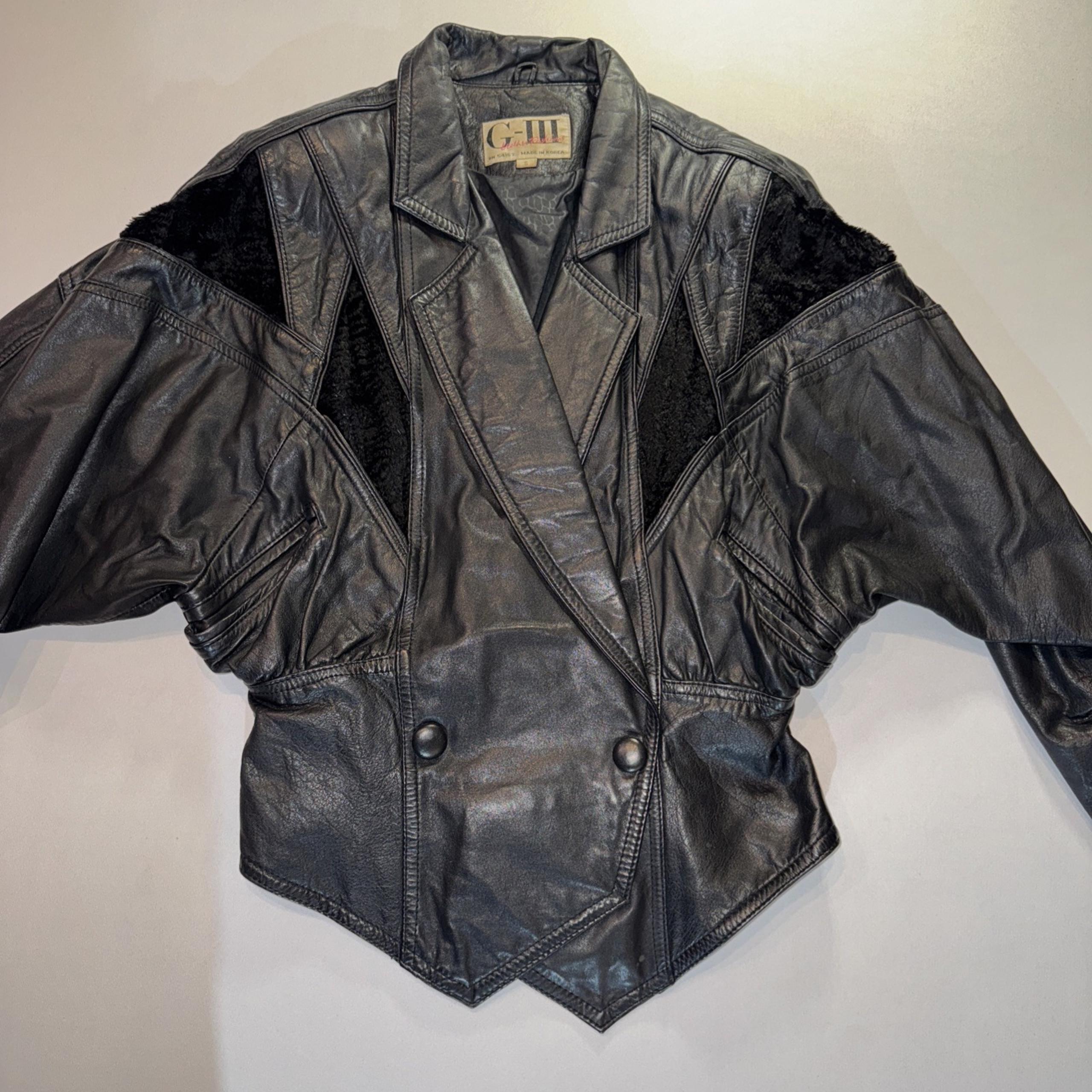 Vintage G-III Black Leather Cropped Bomber Jacket Womens Small Fur Inset, 80s