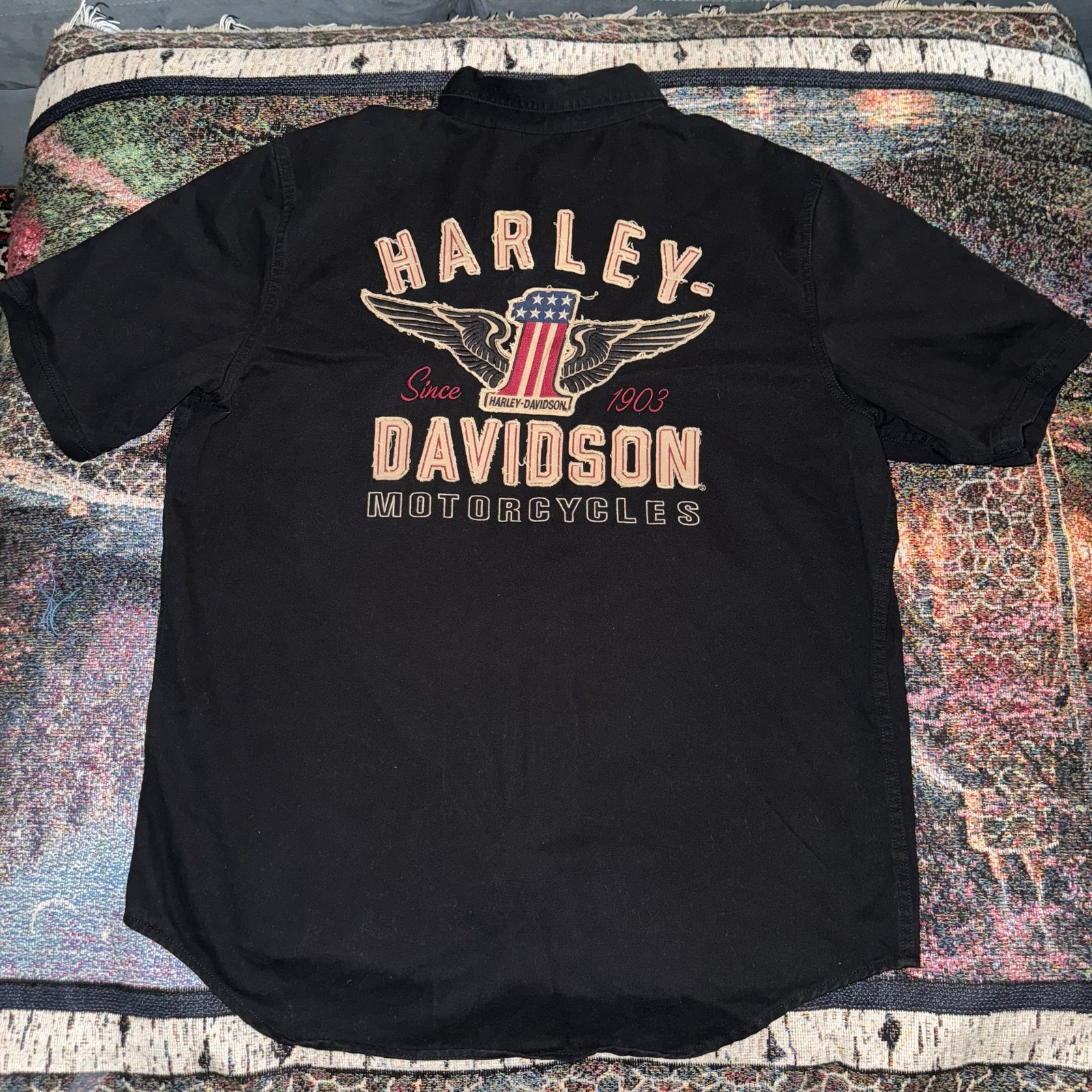Harley Davidson Black Embroidered Short Sleeve Button Up Shirt Size X-Large