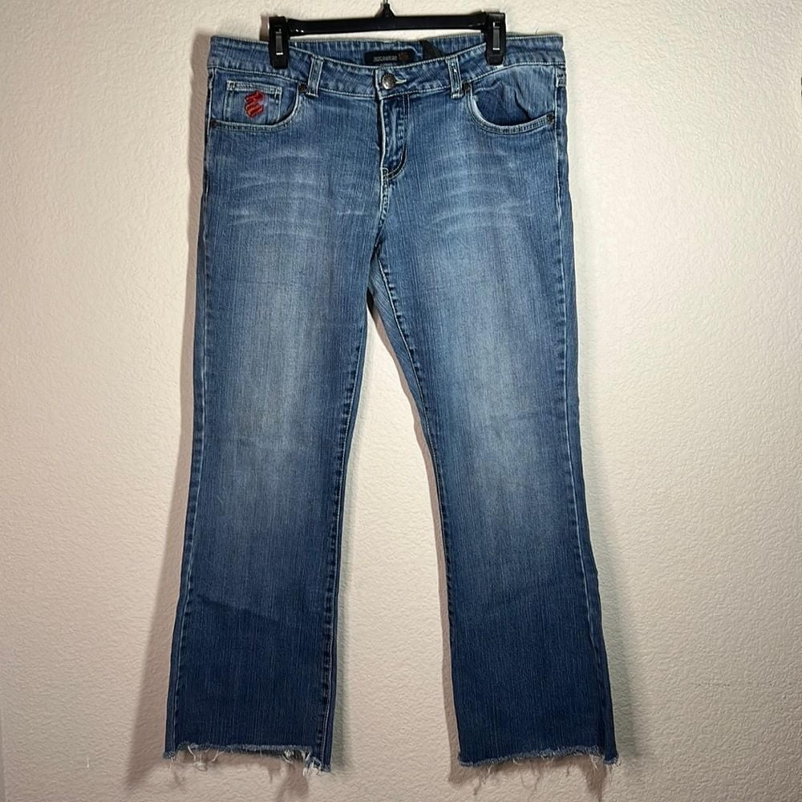 Rocawear Blue Denim Mid Rise Fringe Hem Boot Cut Jeans Women's Size 17