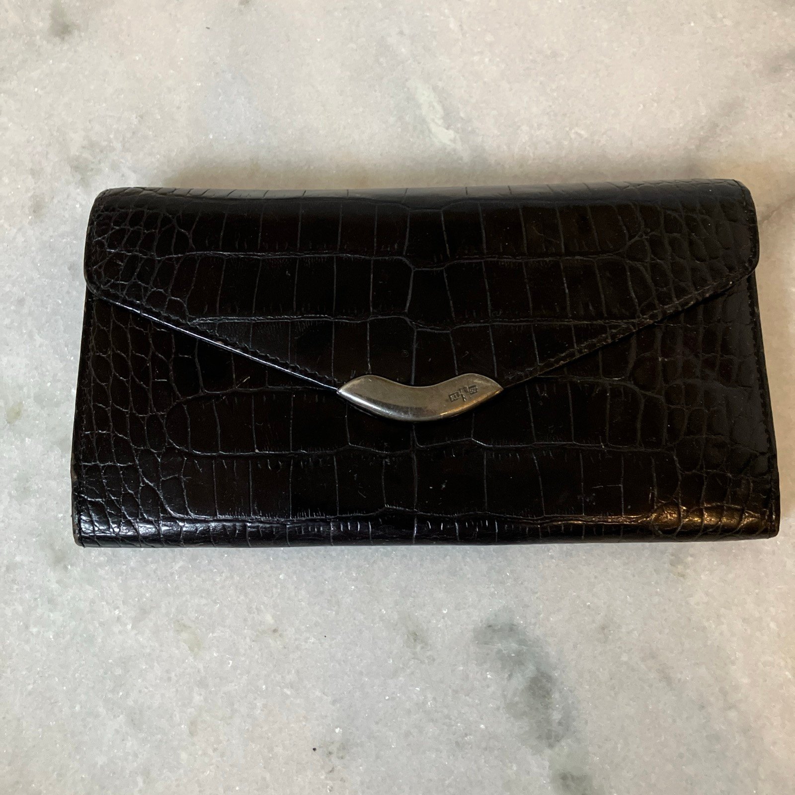 Vintage Ralph Lauren Wallet Alligator Embossed Leather Black Rare Sterling Clasp