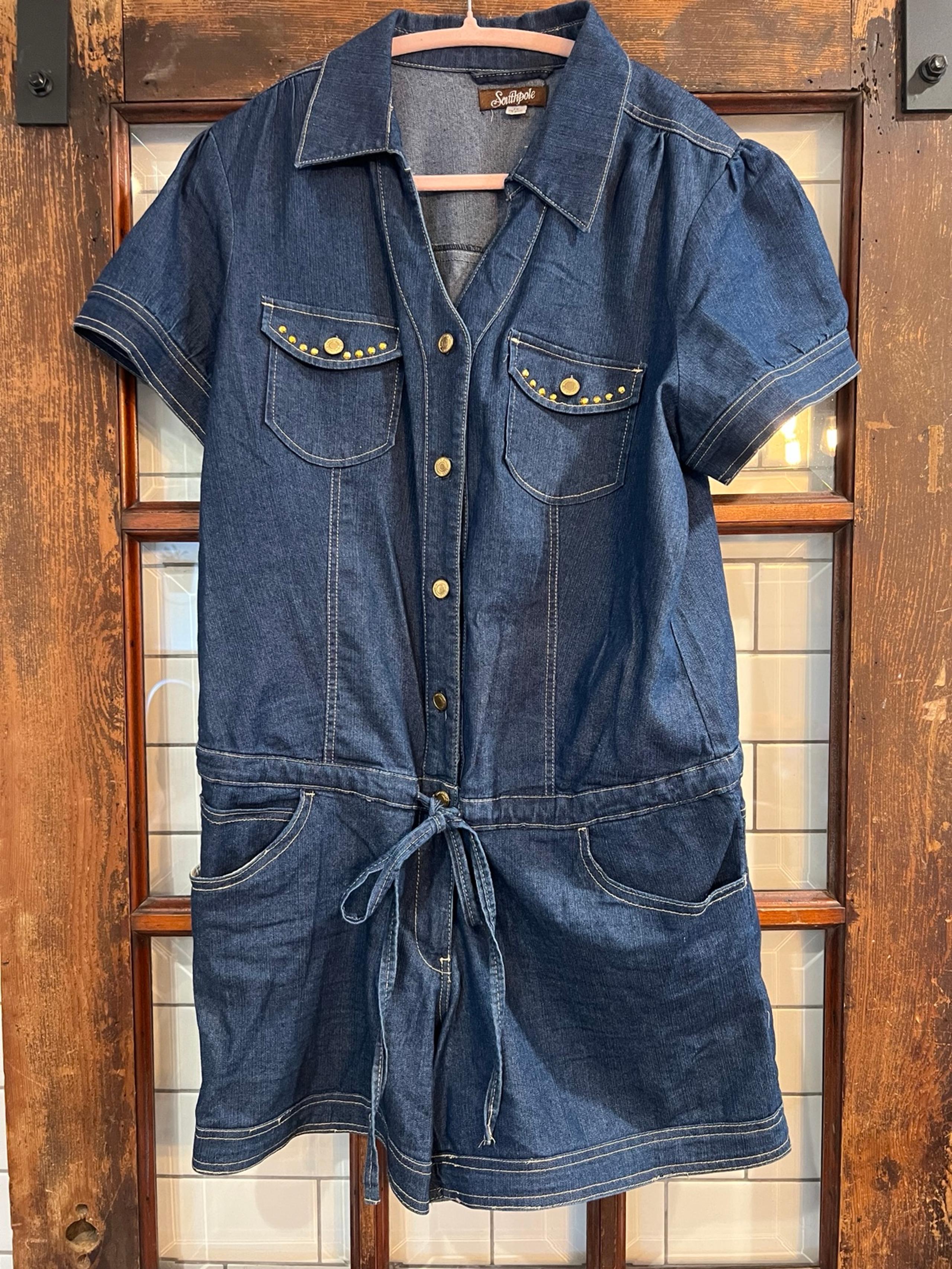 Womens Southpole Blue Denim Romper Sz 1xlGold Sequin Y2K Shorts Embroidered Logo
