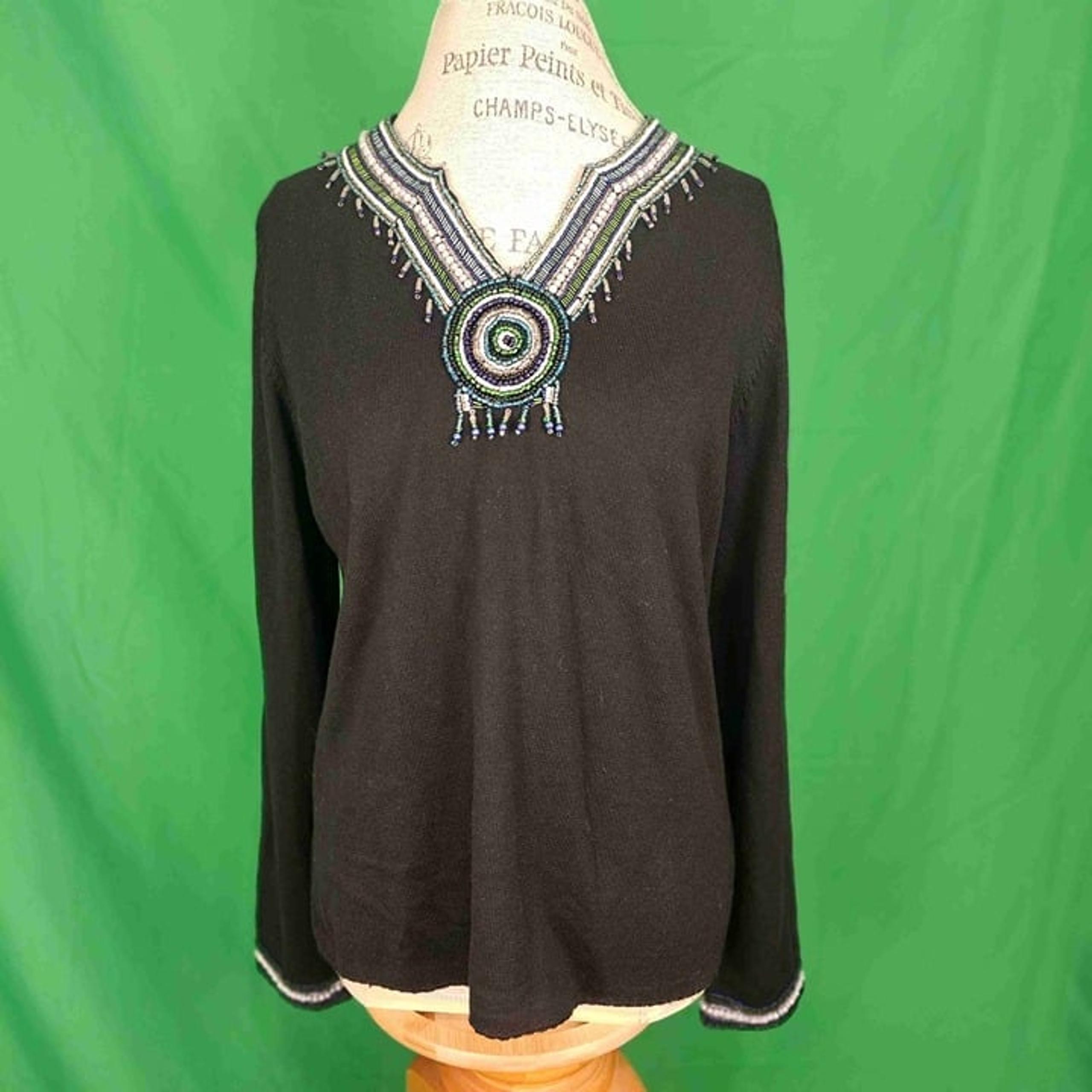 Michael Simon Womens Black Green Embellished V Neck Sweater Large