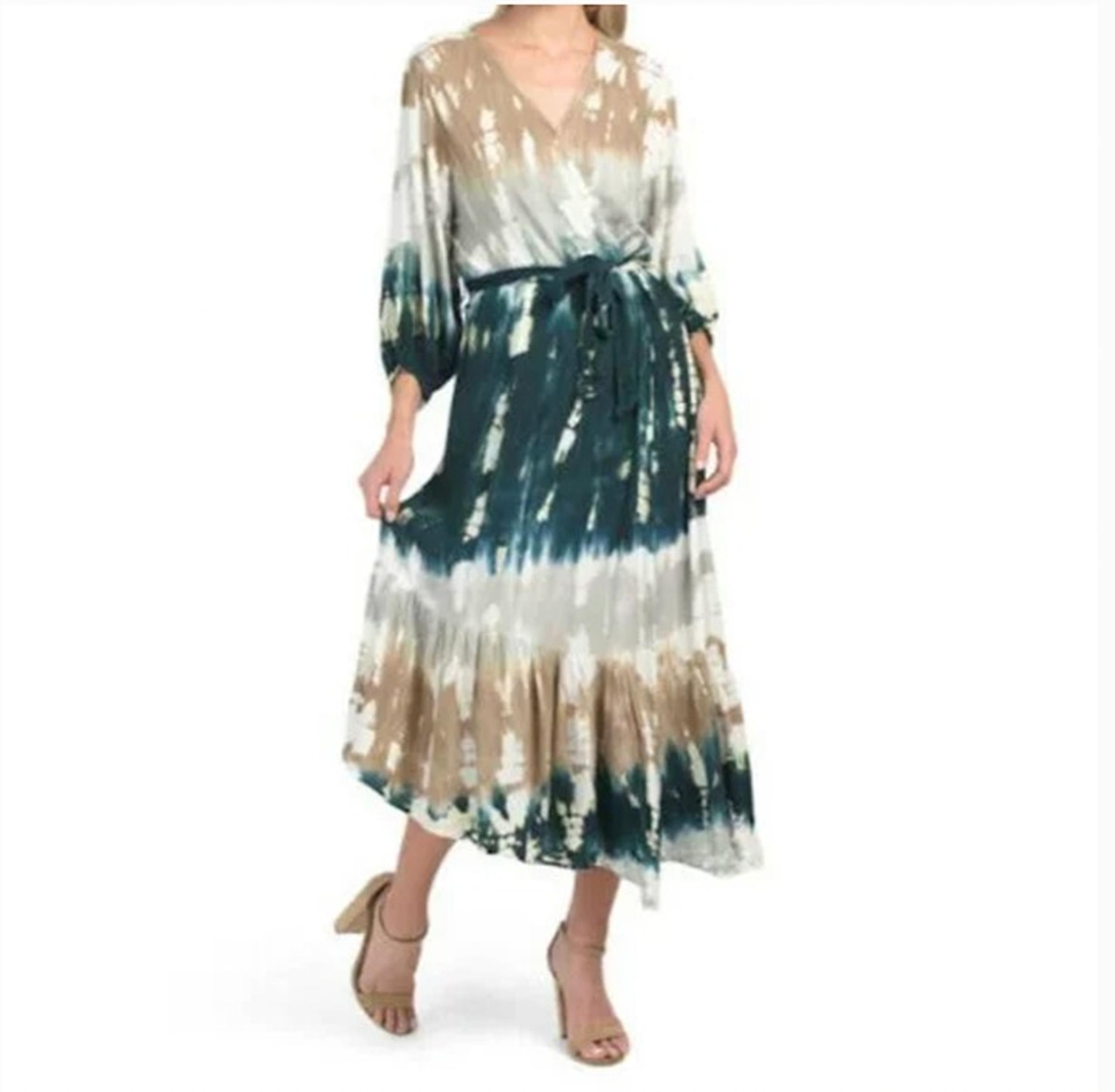 Young Fabulous Broke Womens Jillian Midi Dress M Tie Dye Faux Wrap Ruffle Tie