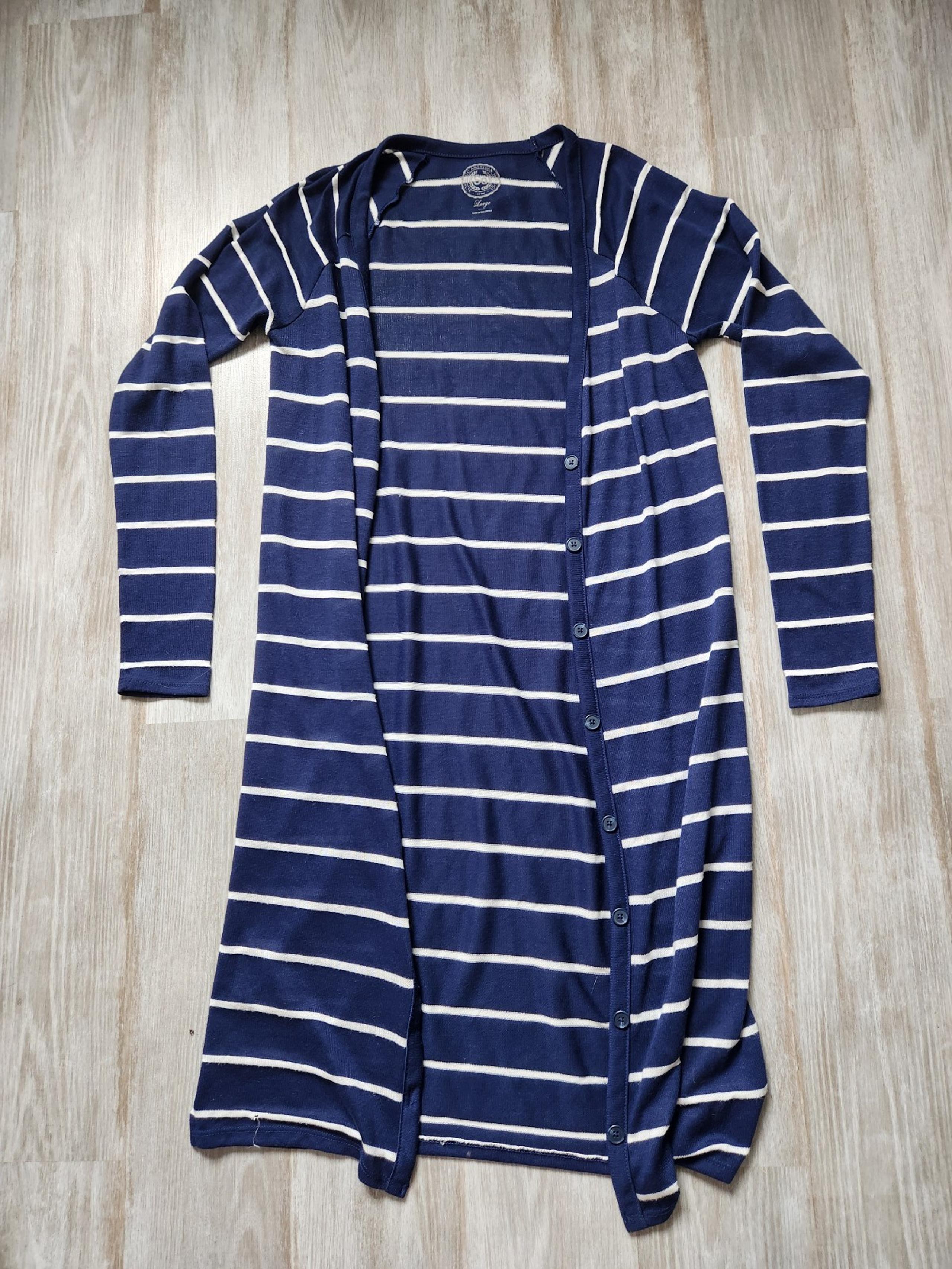 SO Blue White Stripe Extra Long Button Front Cardigan Long Sleeve Size Large