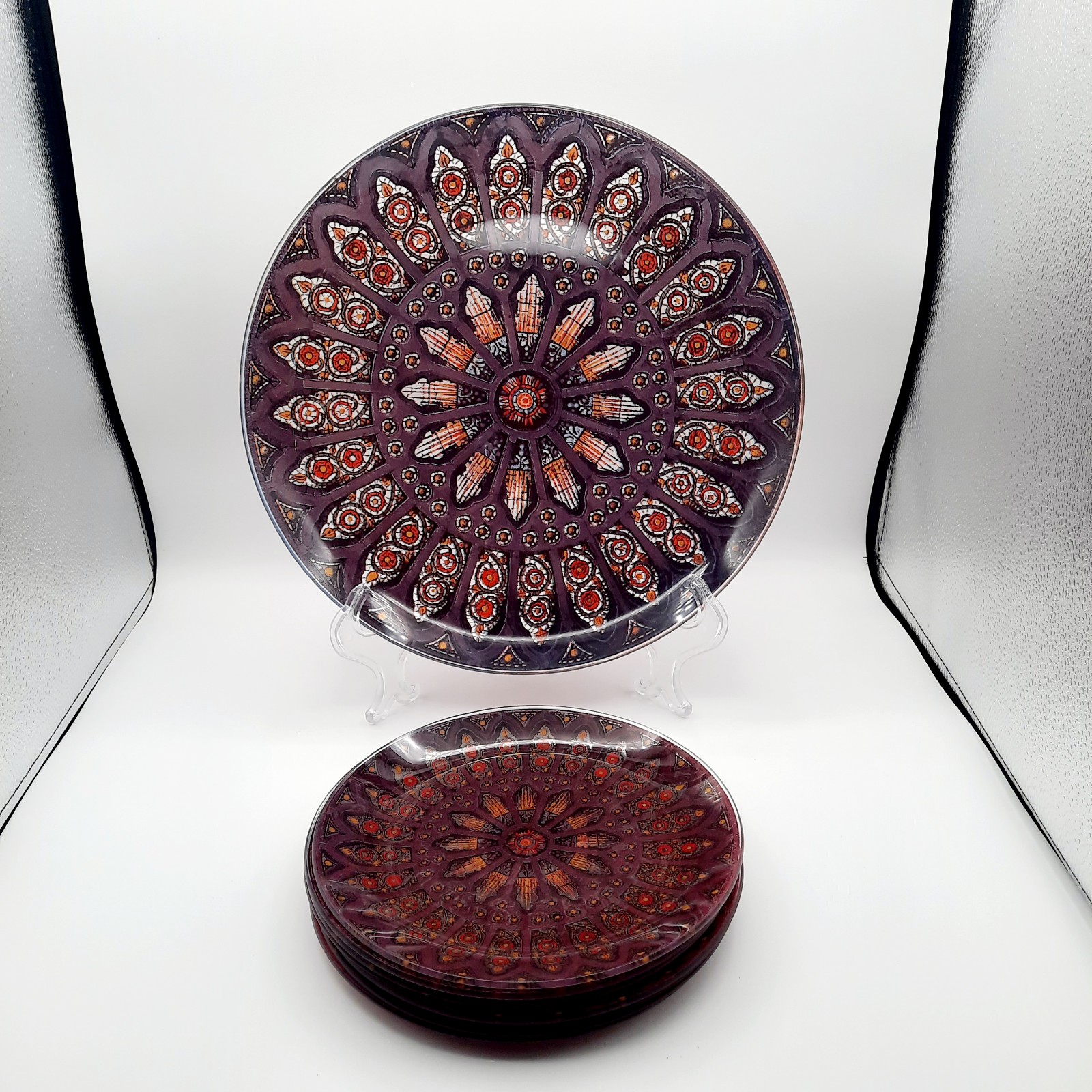 Stained Glass Purple 9 Piece Cake Plate Set Pilgrim Glass Silhouette Servers