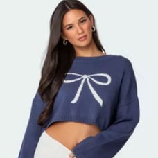 EDIKTED NAVY KNIT BOW CROPPED SWEATER SIZE XS/S XS S