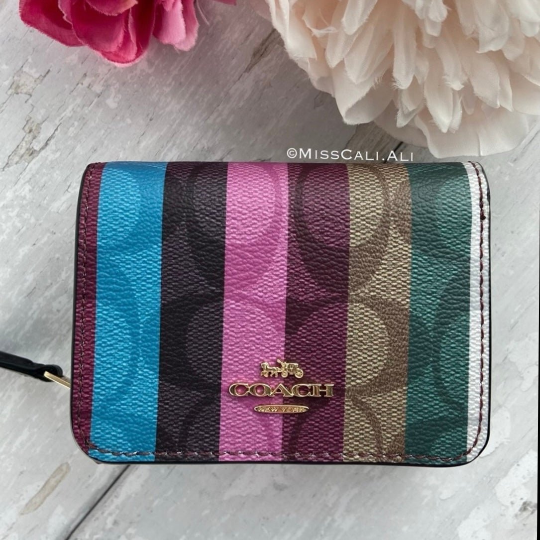 NWT COACH Small Trifold Wallet In Signature Canvas With Stripe Print