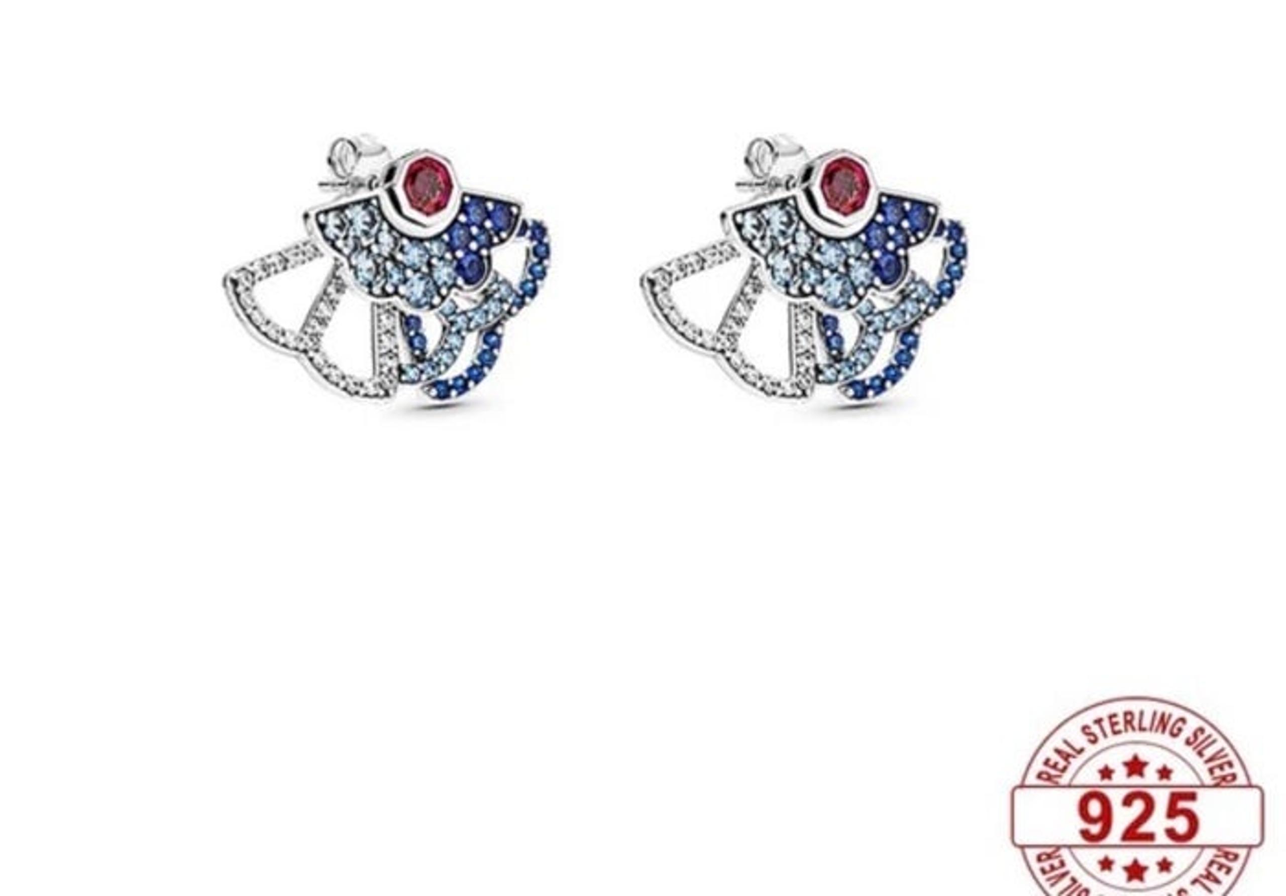 Silver Sparkling Blue & Pink Fan With Crystal Stud Earrings For Women Wedding Gi