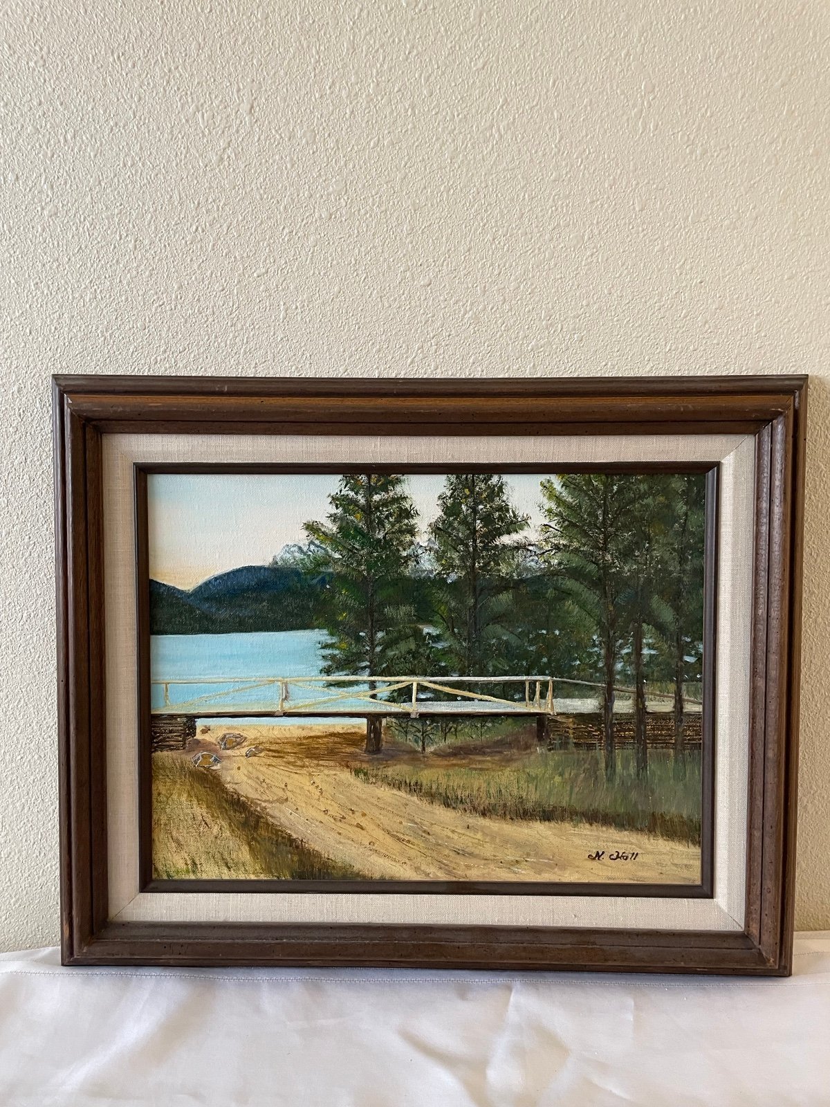 Vintage Painting Landscape Lake River Mountains