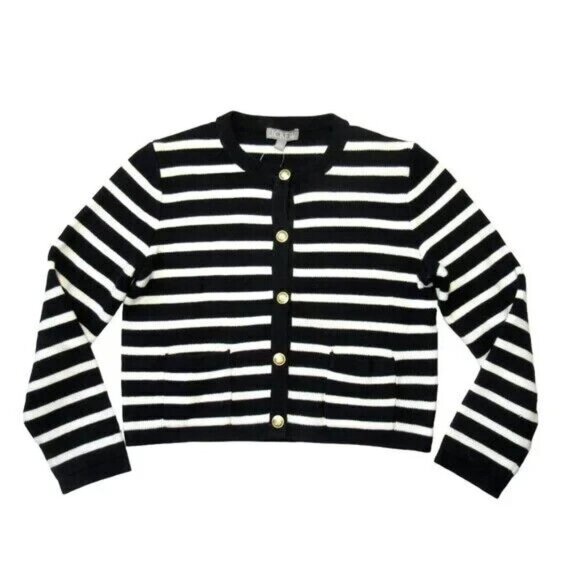 NWT J.Crew Emilie Sweater Lady Jacket in Black Ivory Stripe Knit Cardigan L