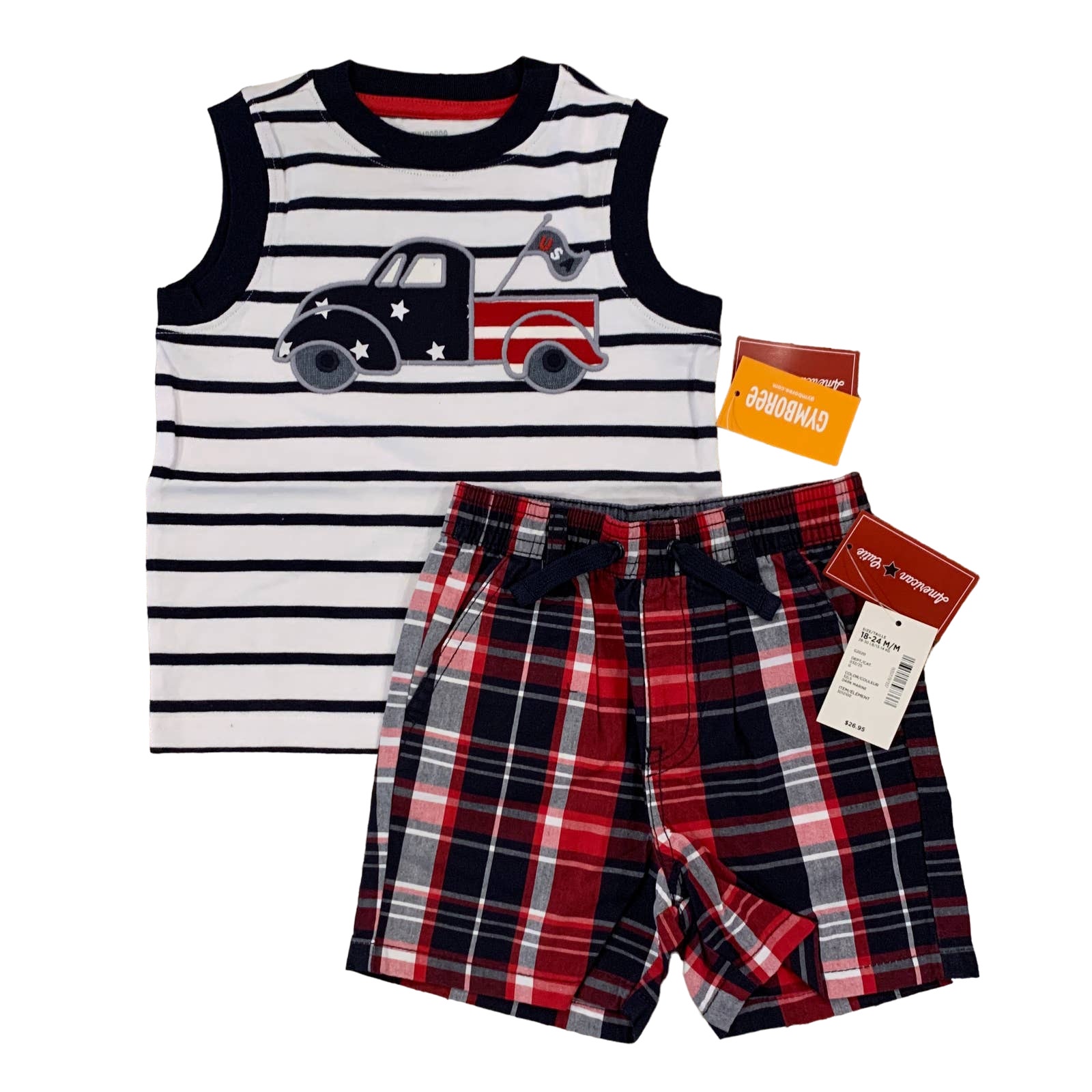 NWT Gymboree Boys Patriotic Truck Applique Tank & Plaid Jogger Shorts -18-24M