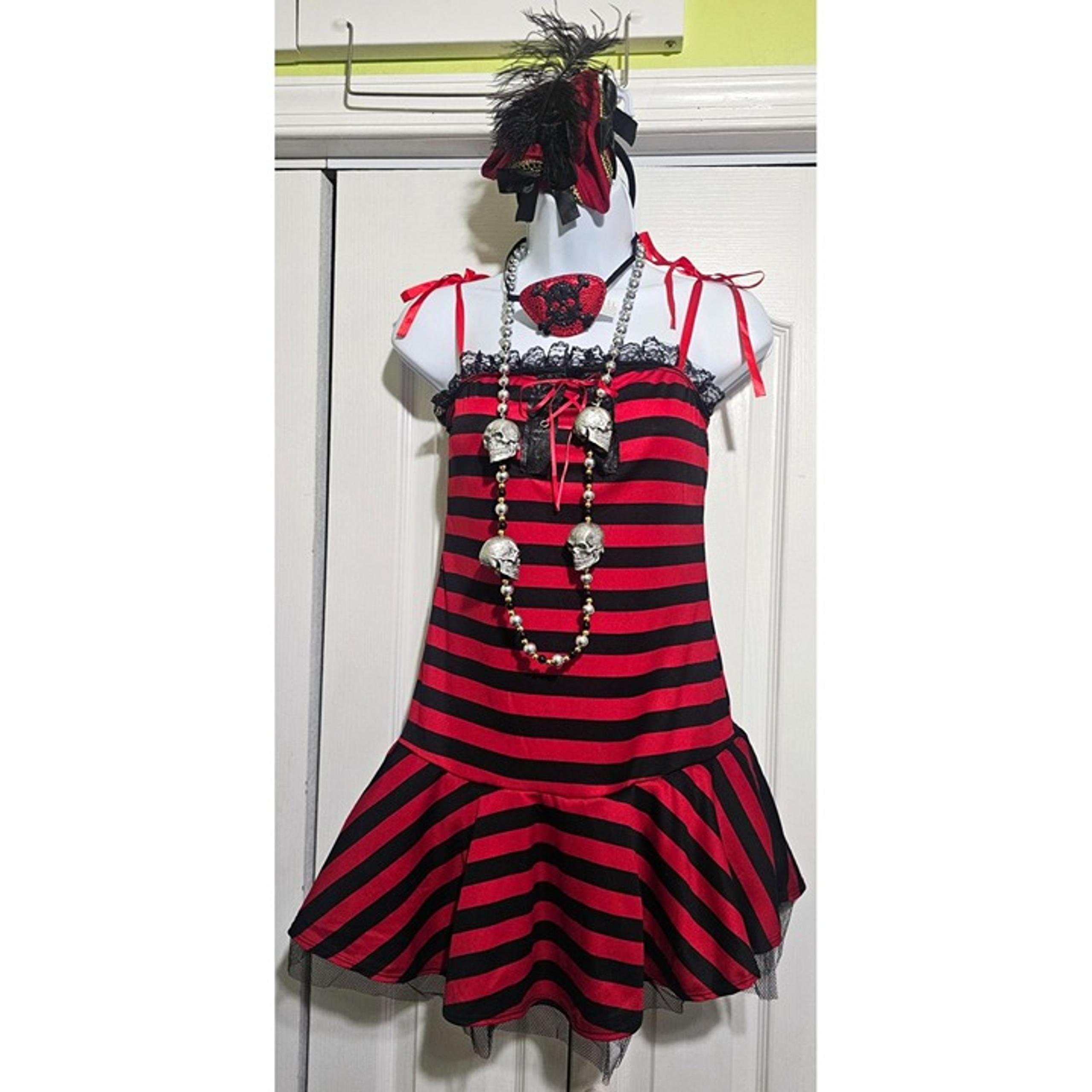 Glam Cute Pirate Costume Striped Dress Skull Mini Hat Sparkle Eyepatch Halloween