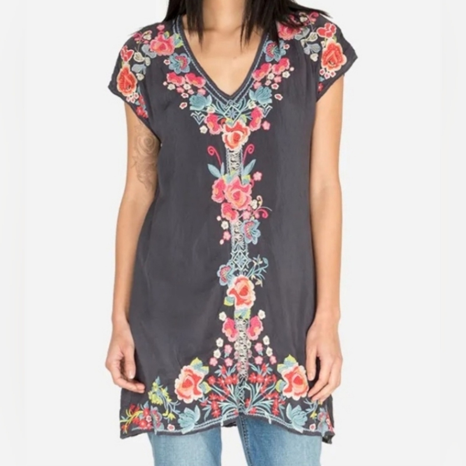 Johnny Was Pari V-neck TunicTop/Dress Floral Embroidered Bohemian Hippie | S
