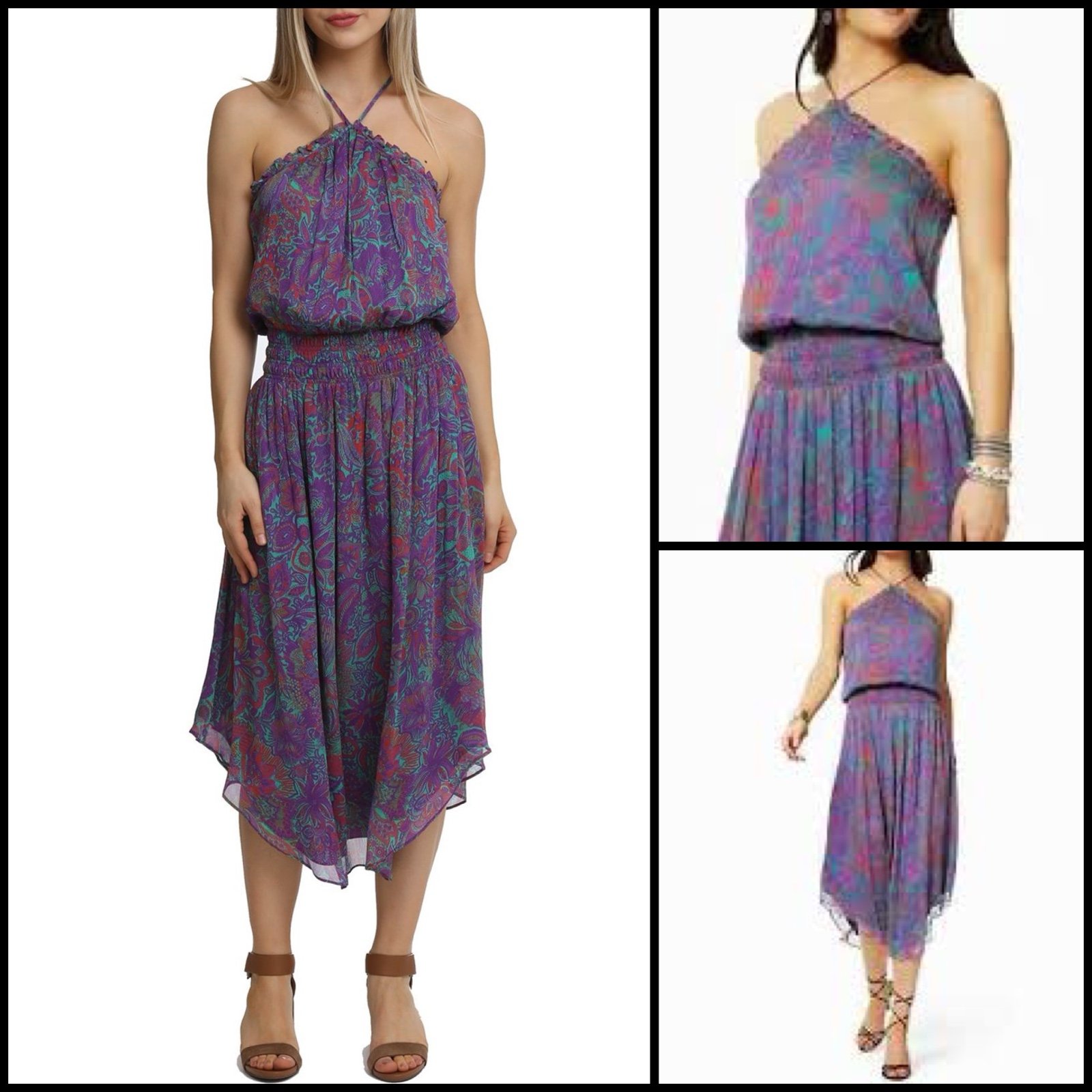 Ramy Brook Chloe Dress Botanic Print Elegant Flowy Smocked Halter Coquette L