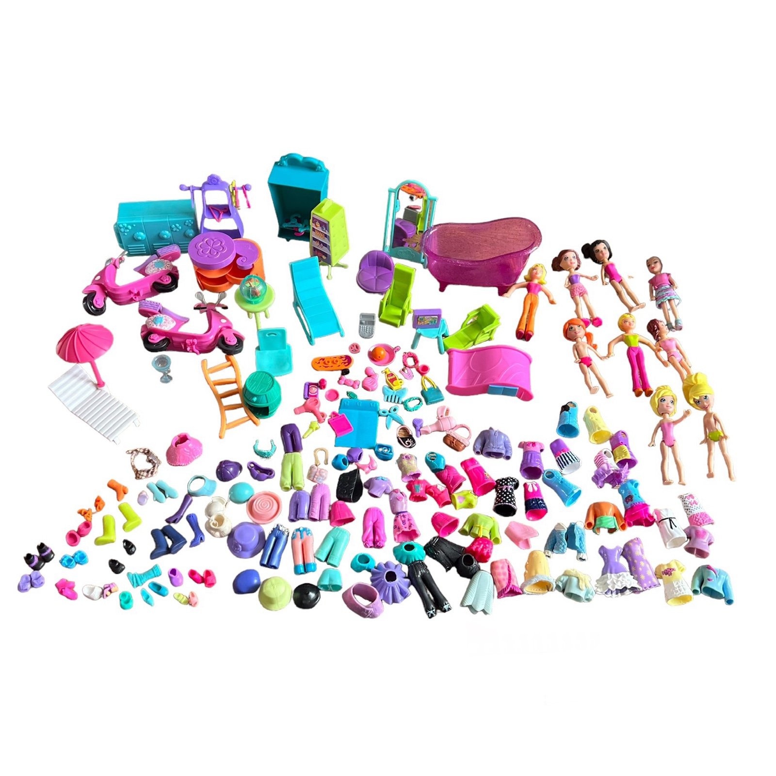 Polly Pocket Mixed Lot Rubber Clothes Accessories Snap On Scooters Furniture Con