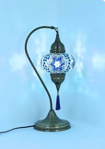 Turkish Mosaic Tiffany Style Table Lamp with blue tassle