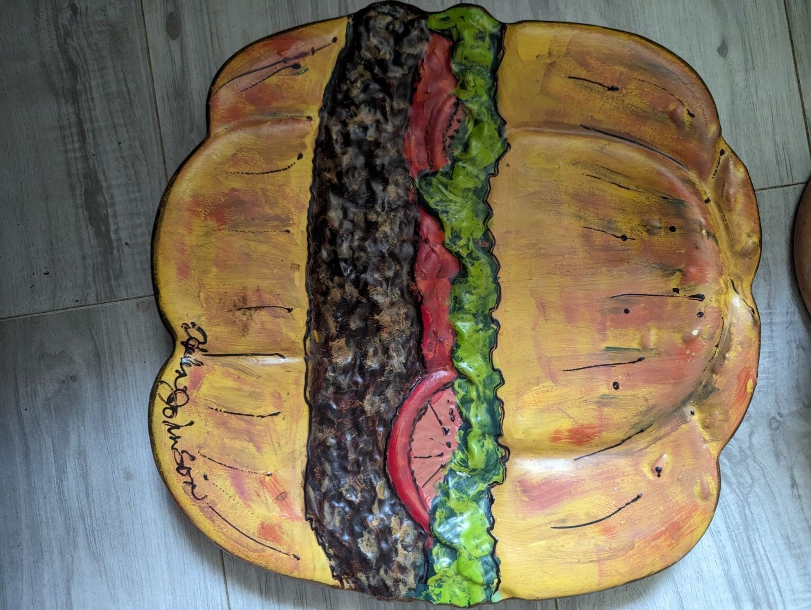 Hand painted burger platter. Signed