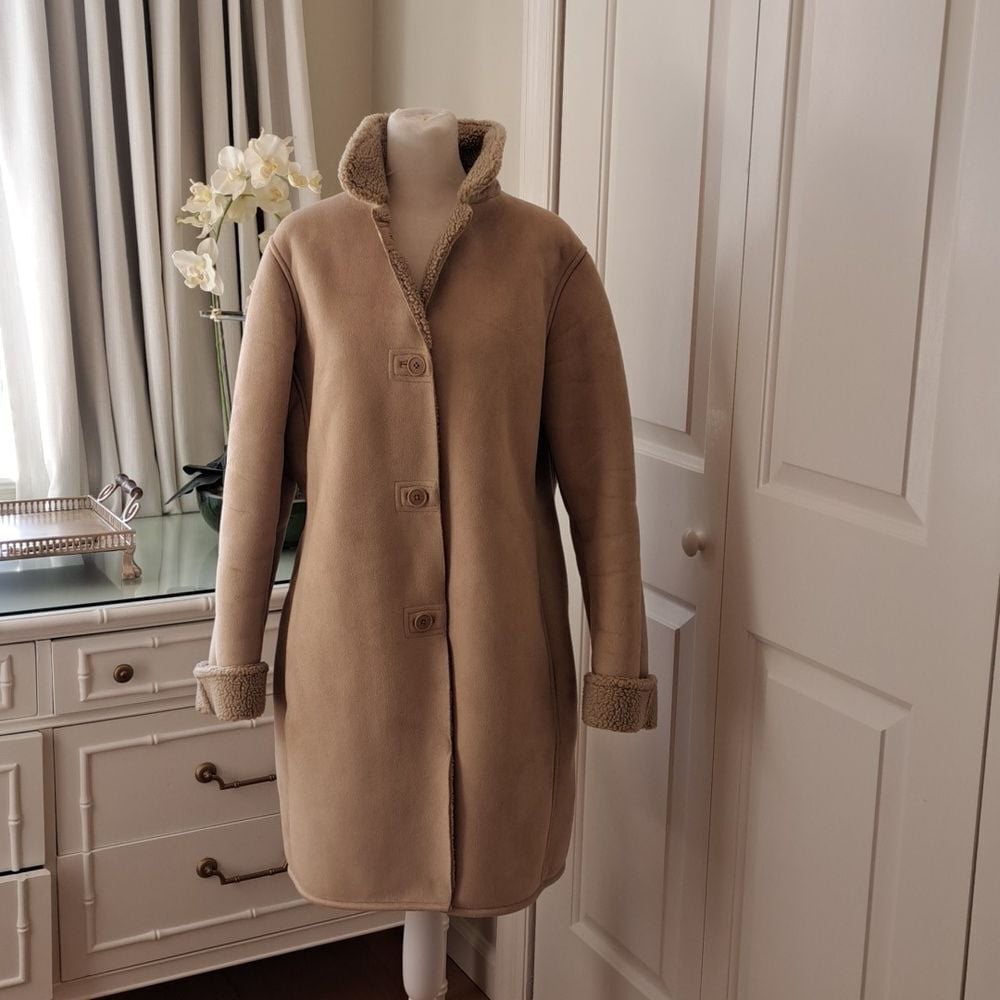 Lands' End Womens Vegan Faux Suede/Faux Sherpa Washable Coat Knee Length SM 4-6