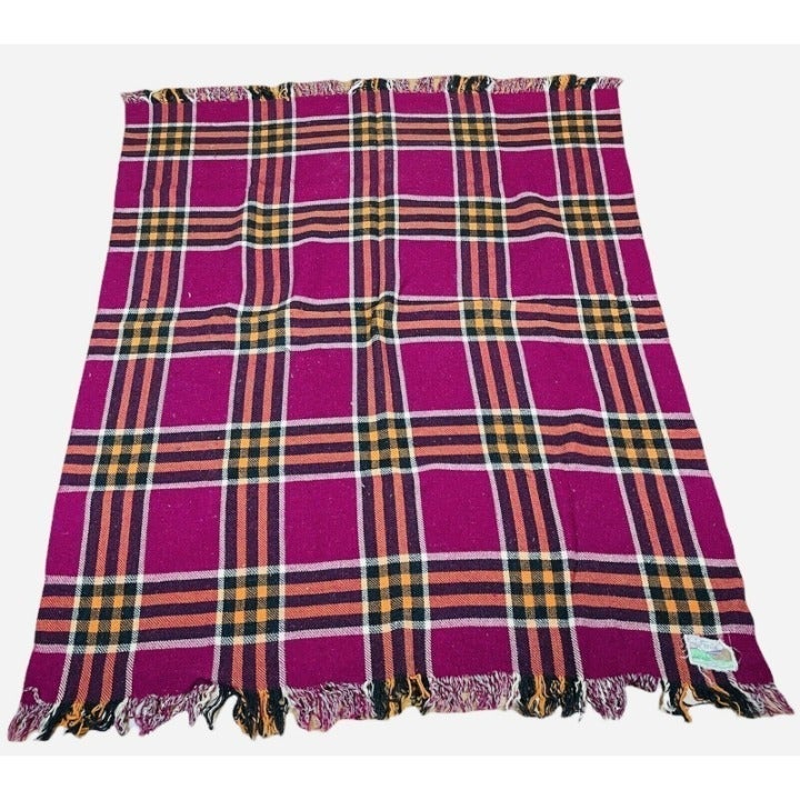 Vtg All Wool British Made Plaid Blanket 65 x 52 Reversible Purple Orange Grey