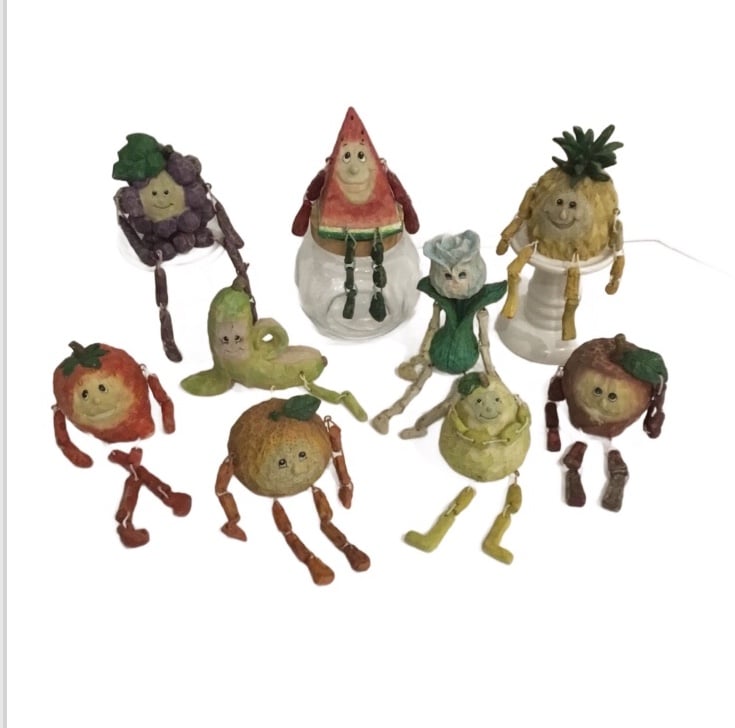 Vintage Lot of 9 Anthropomorphic Fruit and Vegetable Shelf Sitters