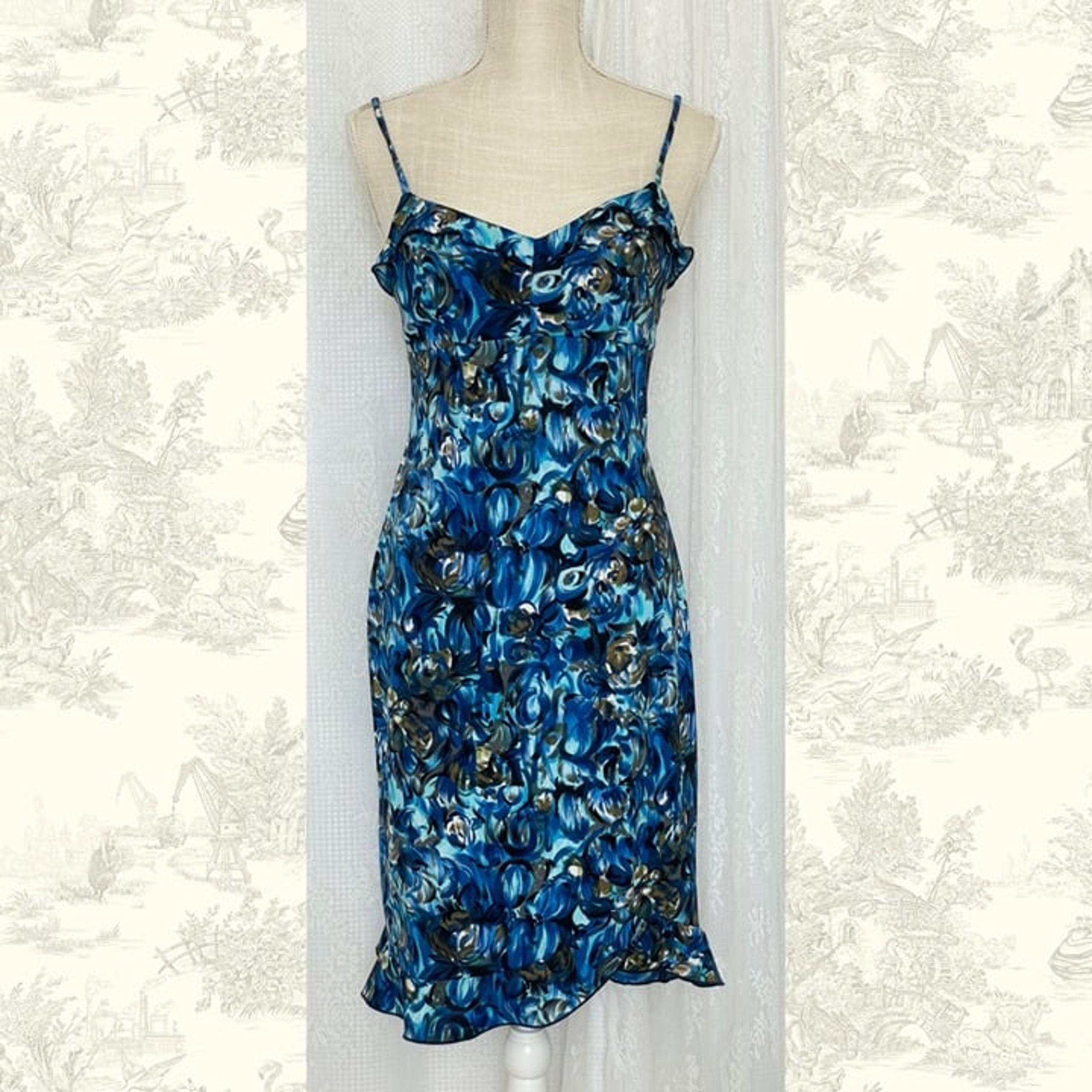 Vintage Byer Too! Womens Dress Medium 90s Floral Blue Knee Length Whimsigoth