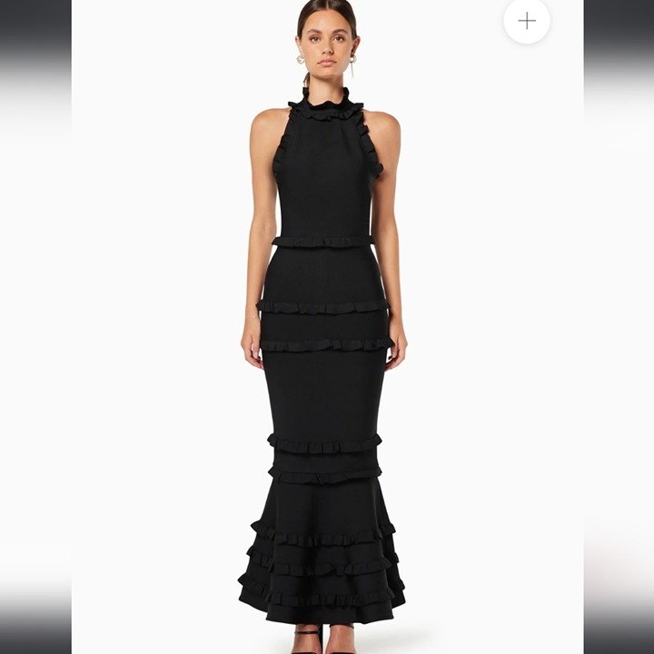 Elliatt Women's Theatrical Fitted Black Maxi Gown Elegant Black Ruffle Dress XS