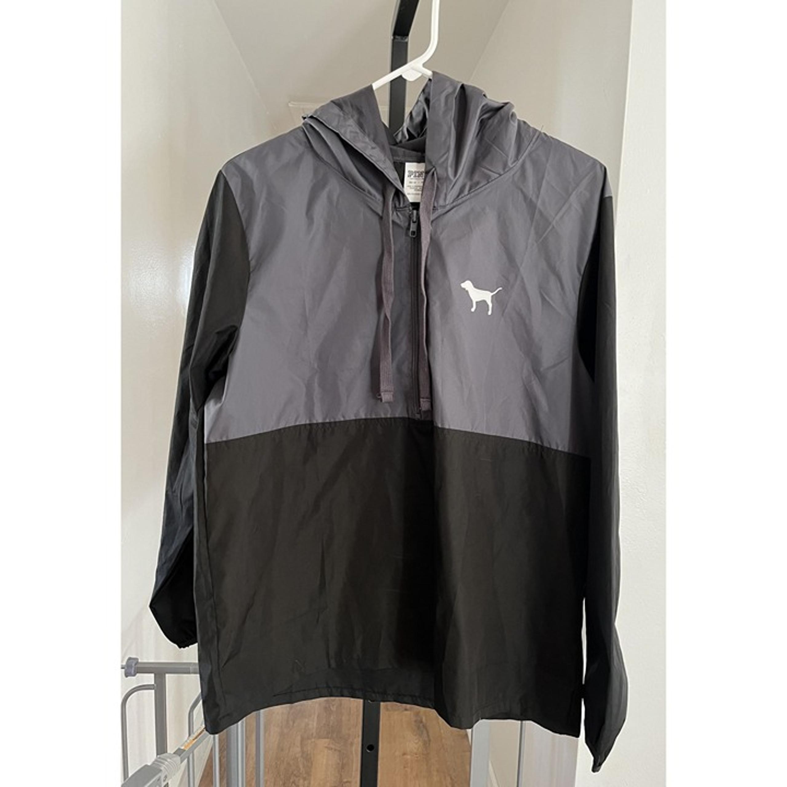 EUC Victorias Secret Pink Womens Black & Gray Hooded Windbreaker Jacket