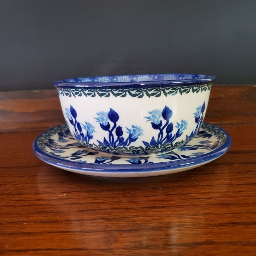 Boleslawiec Polish Pottery 5 Blue Butterfly Bowl with Matching Underplate