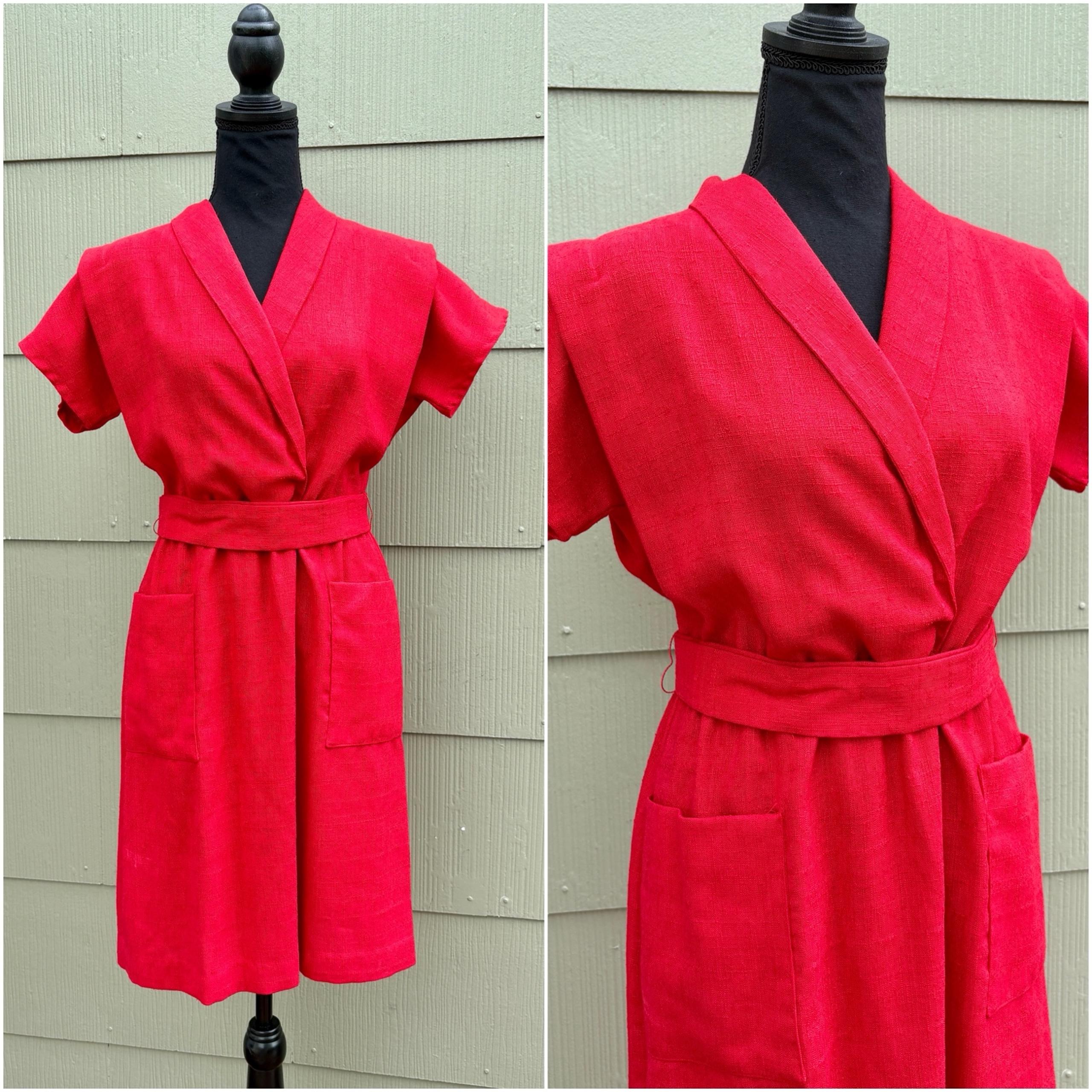 vtg LISA PETITES 70s Disco Casual Red Woven Knit Linen Belted Wrap A-Line Dress